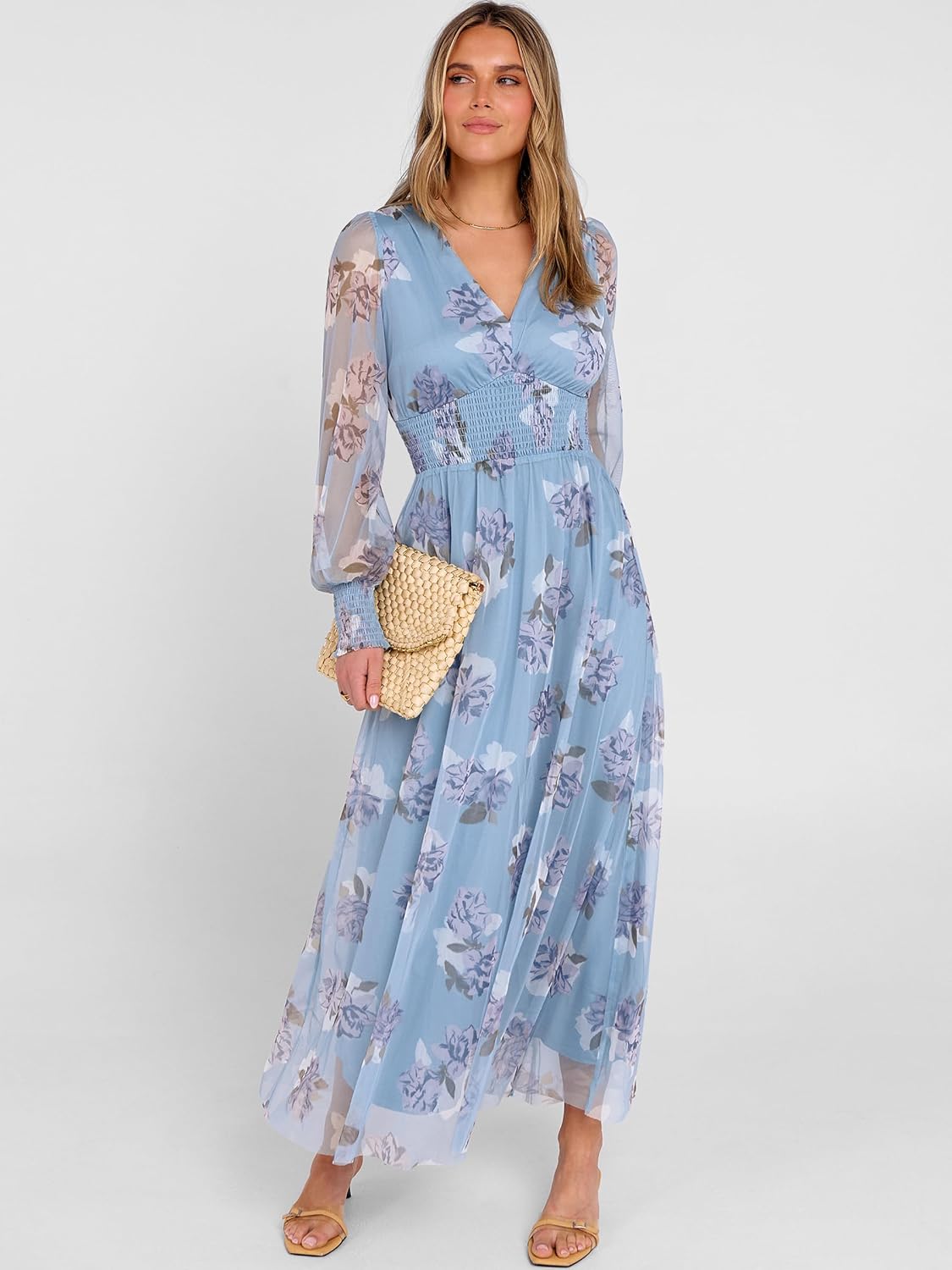 ANRABESS Women's Floral Maxi Dress 2025 Fall V Neck Puff Long Sleeve Flowy Casual Wedding Guest Tea Party Tulle Dresses - Image 3