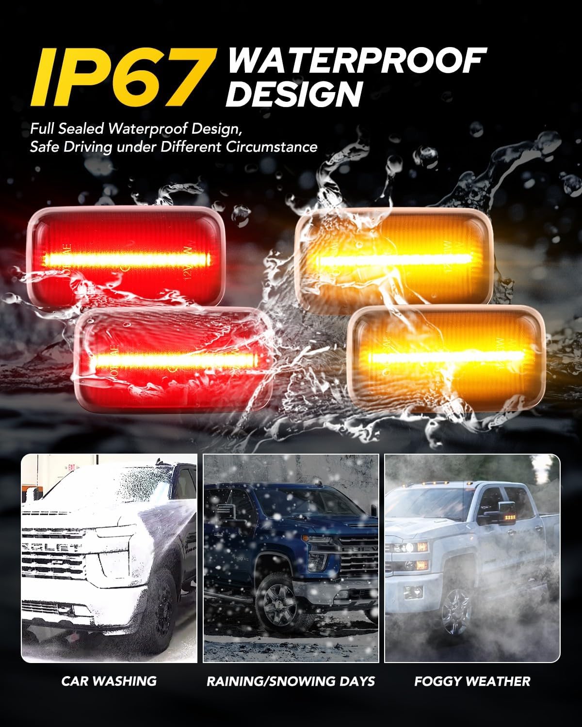 AUTOONE Dually Fender LED Side Marker Lights for 2015-2023 Chevy Silverado 2500HD/3500HD, GMC Sierra 2500HD/3500HD, Amber & Red Dual Rear Wheel Bed Marker Lamps, Smoked Len, 4PCS