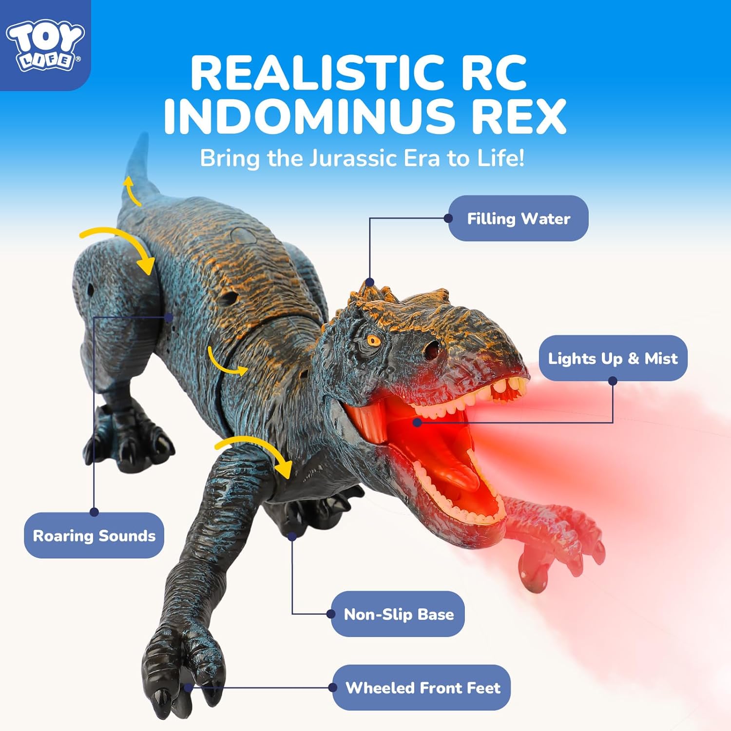 TOY Life Remote Control Dinosaur Toy, RC T-Rex with Lights, Sounds & Mist Spray, Walking Robot Dinosaur Toys for Boys Age 4-7, Rechargeable Large Dinosaurs Toy Gift - Blue