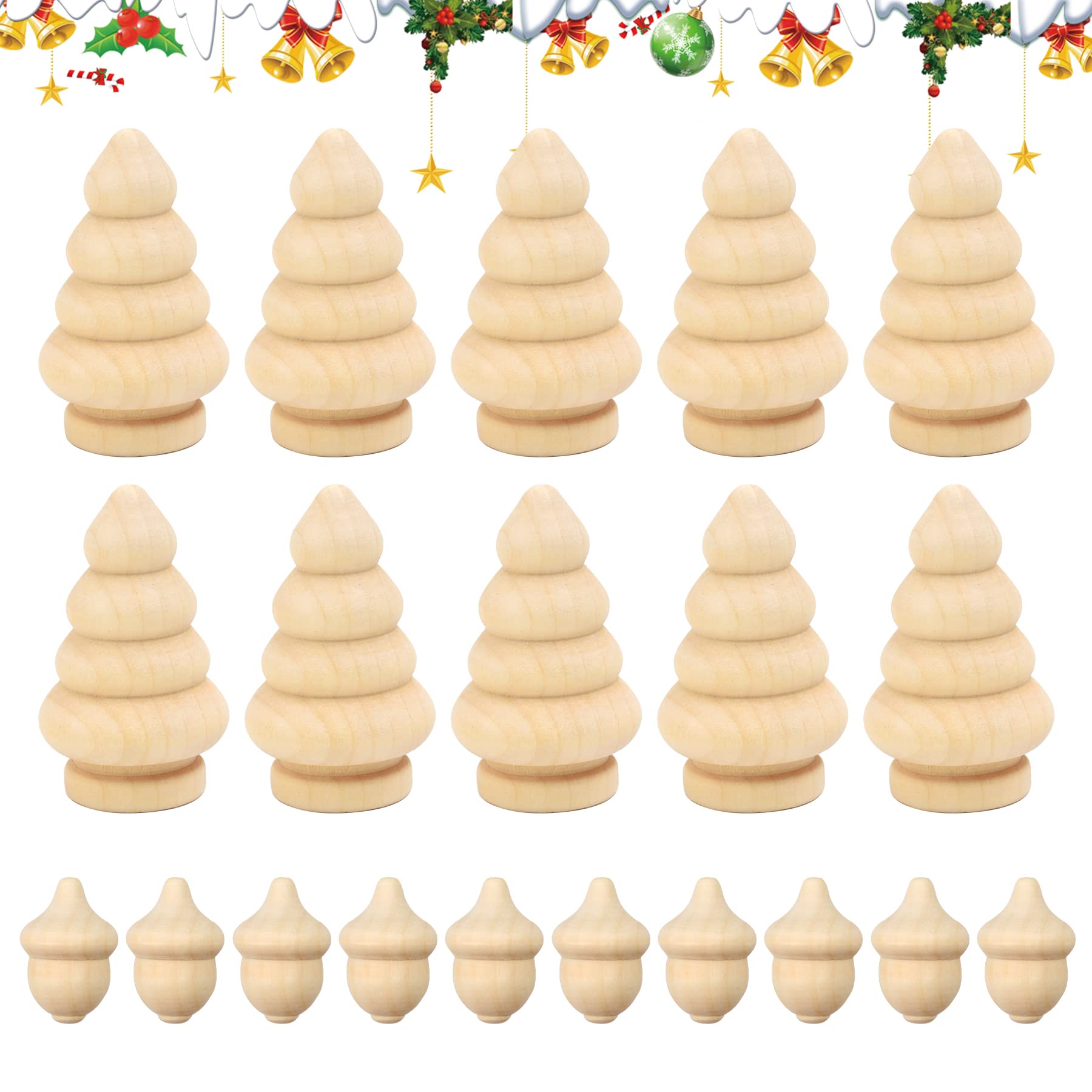 Juego De 20 Muñecas De Madera Sin Pintar Para Manualidades – Formas De Navidad (árbol, Muñeco De Nieve, Bellota)