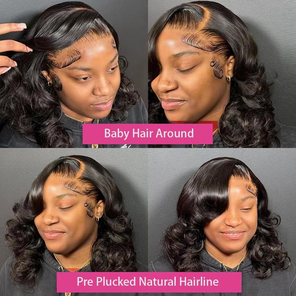 Haarpflege Natürliche Körperwelle Kurze Bob Perücke Spitze Frontal Verschluss Echthaar 200 Dichte Für Frauen(4x4 lace wig,200%_10INCHES)