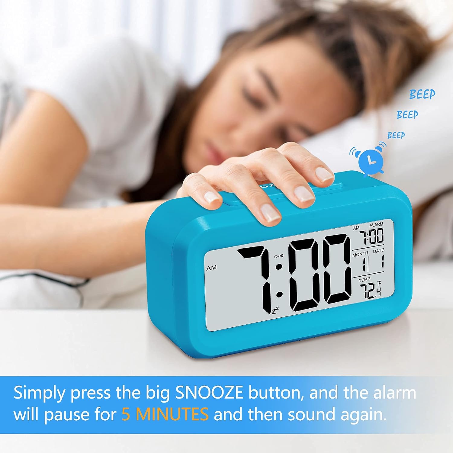 Digital Alarm Clock for Bedrooms, Digital Clock with Smart Night Light | Snooze | Date | 12/24H | Indoor Temperature, Battery Operated Alarm Clocks for Living Room Home Travel Gifts for Boys(Blue)