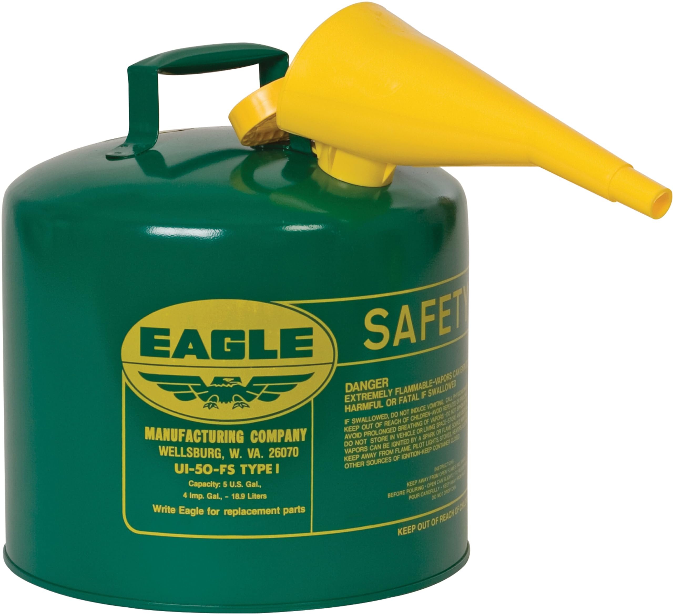 Eagle UI-50-FSG Type I Metal Safety Can with F-15 Funnel, Combustibles, 12-1/2" Width x 13-1/2" Depth, 5 Gallon Capacity, Green