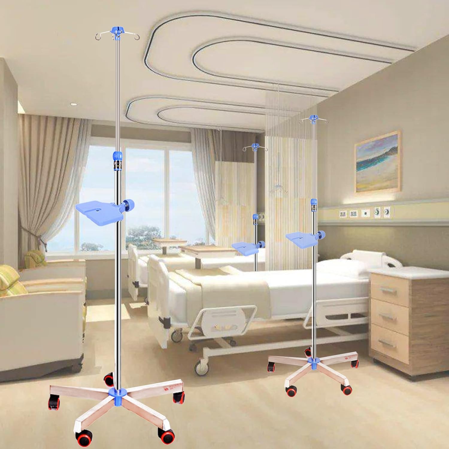 Portable Height Adjustable IV Infusion Stand with Wheels - Stainless Steel Medical Pole for Hospital & Clinic, 4 Hooks, Durable & Easy to Move
