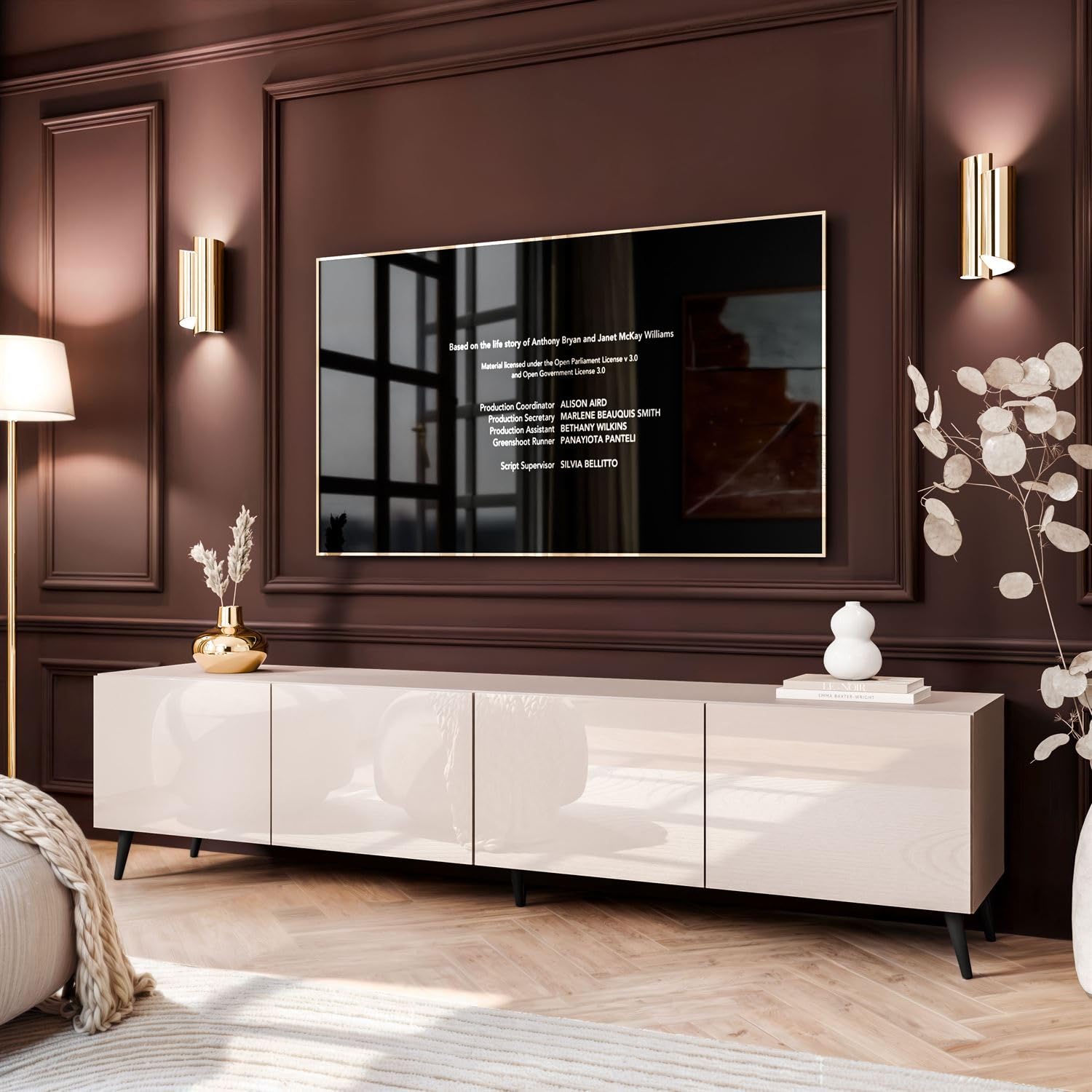 Lookway Moderner wandhängender TV-Schrank in Kaschmir Hochglanz, optional mit LED-Beleuchtung auf schrägen Onyx-Beinen – COLGANTE 200 cm (mit LED Beleuchtung, Beine: Schwarz)