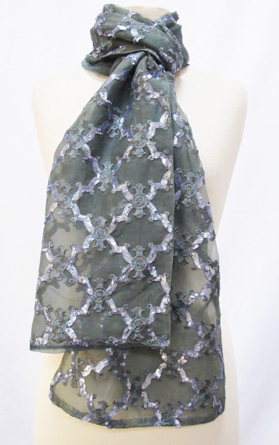 "Sequin Trellis" Embroidered Sheer Silk Scarf Stole Shawl Wrap Table Runner Grey