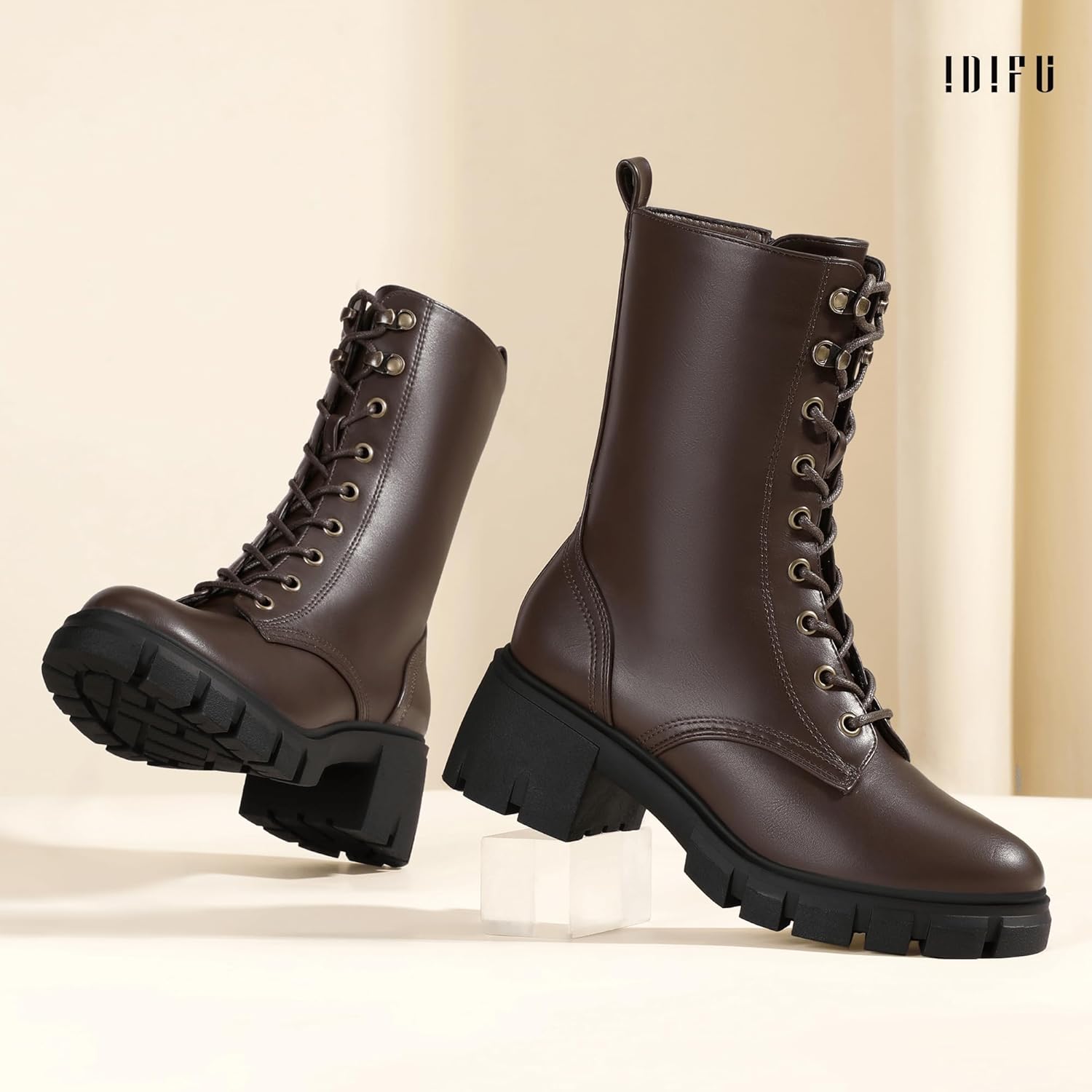 IDIFU IN3 Platform Combat Boots for Women Mid Calf Lace Up Boots Lug Sole Low Chunky Block Heel Boots Closed Round Toe Side Zipper Booties Fashion Thick Fall Heeled Boots-LOOSEN ALL LACES FIRSTLY - Image 5