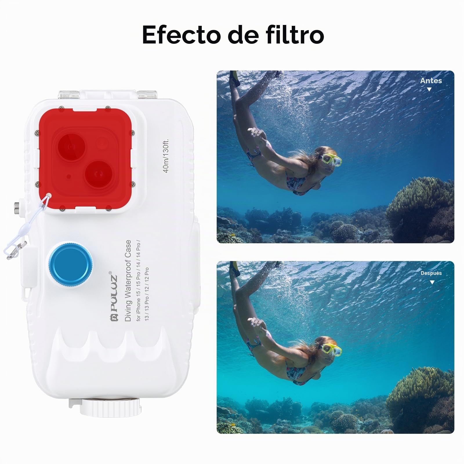 PULUZ Funda impermeable para iPhone 14/14 Pro/13/13 Pro/12/12 Pro, funda protectora de policarbonato y vidrio de 40 m/130 pies, funda de buceo impermeable para surf, esnórquel, flotante, color blanco