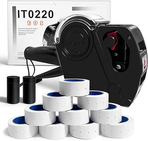 Miniatura 10 de Paquete de 2 pistolas de precio de 1 línea, pistola de precios de números 0-9 con 10,000 etiquetas de precio blancas en blanco, 2 rodillos de tinta,