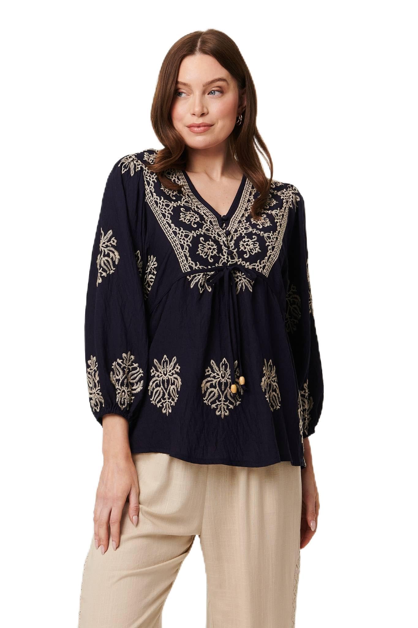 Izabel London Women's Blouse - Navy - Size 12 - 3/4 Puff Sleeves