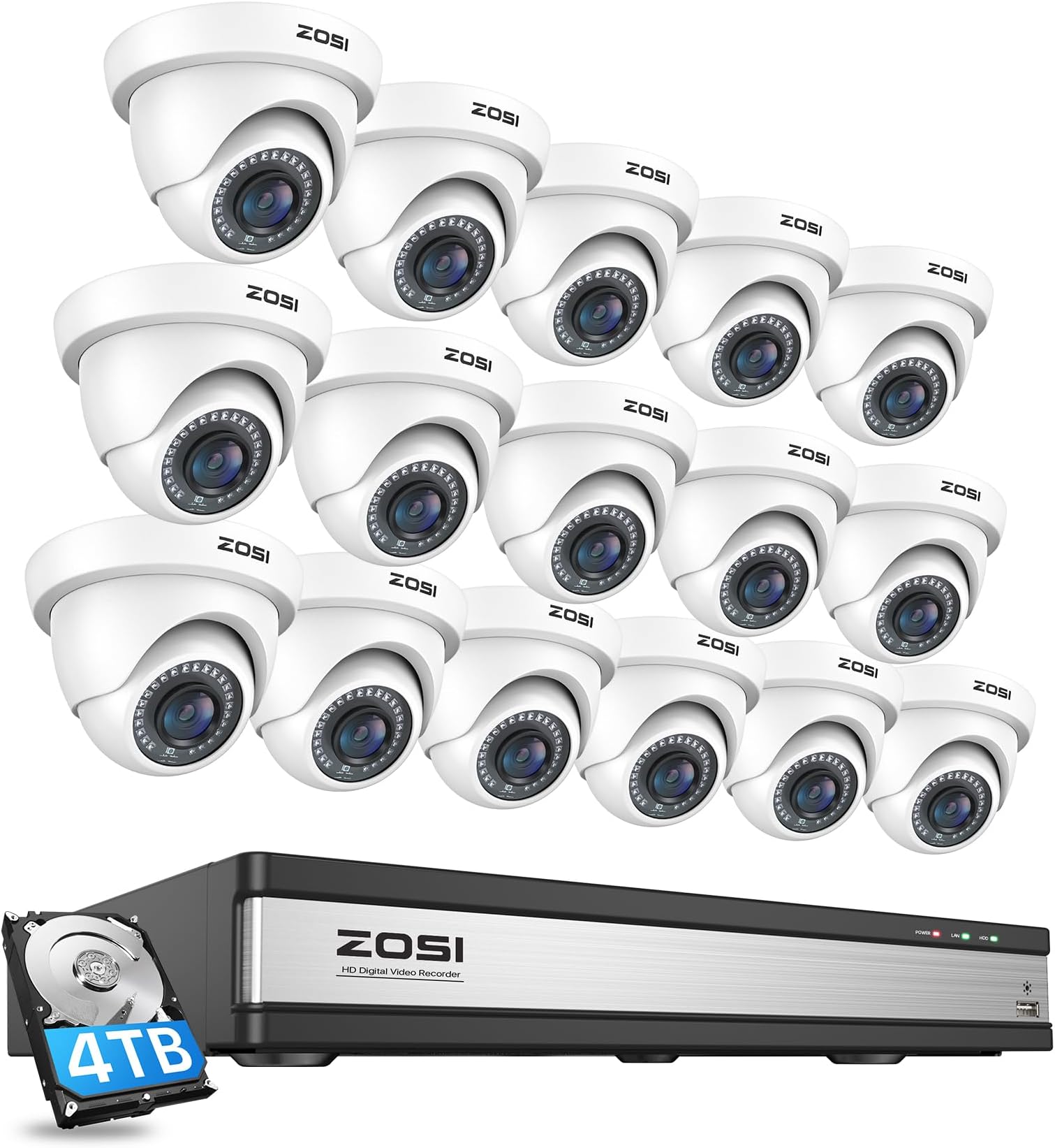 ZOSI H.265+1080p 16 Channel Security Camera System,16 Channel DVR with Hard Drive 4TB and 16 x Outdoor Indoor CCTV Dome Cameras 1080p with 80ft Long Night Vision and 90° Wide Angle