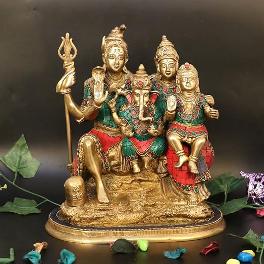 Artvarko Lord Shiva Parvati, Ganesha and Kartikeya Murti Brass Inlay Stone Work Shiv Parivar Family Sitting Idol for Shivr...