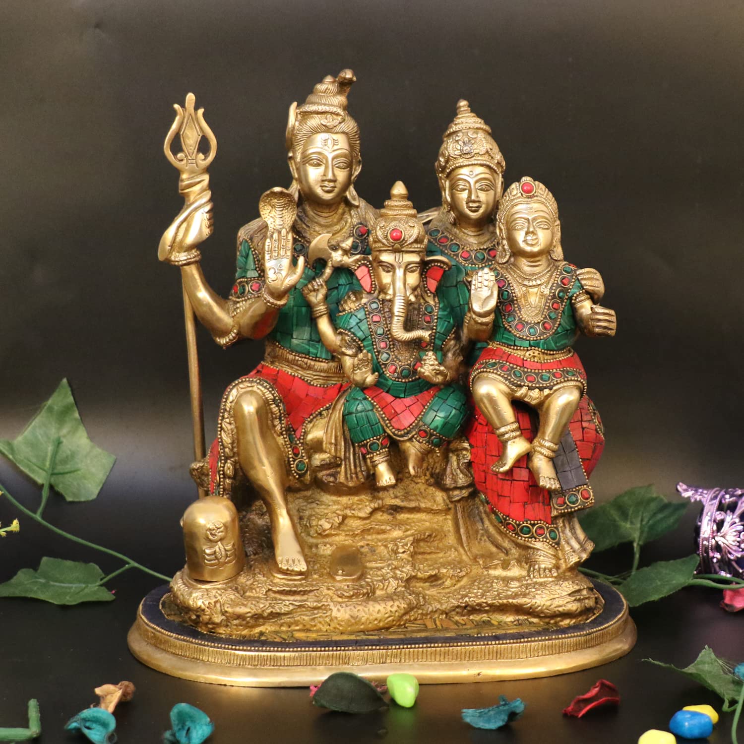Artvarko Lord Shiva Parvati, Ganesha and Kartikeya Murti Brass Inlay Stone Work Shiv Parivar Family Sitting Idol for Shivr...