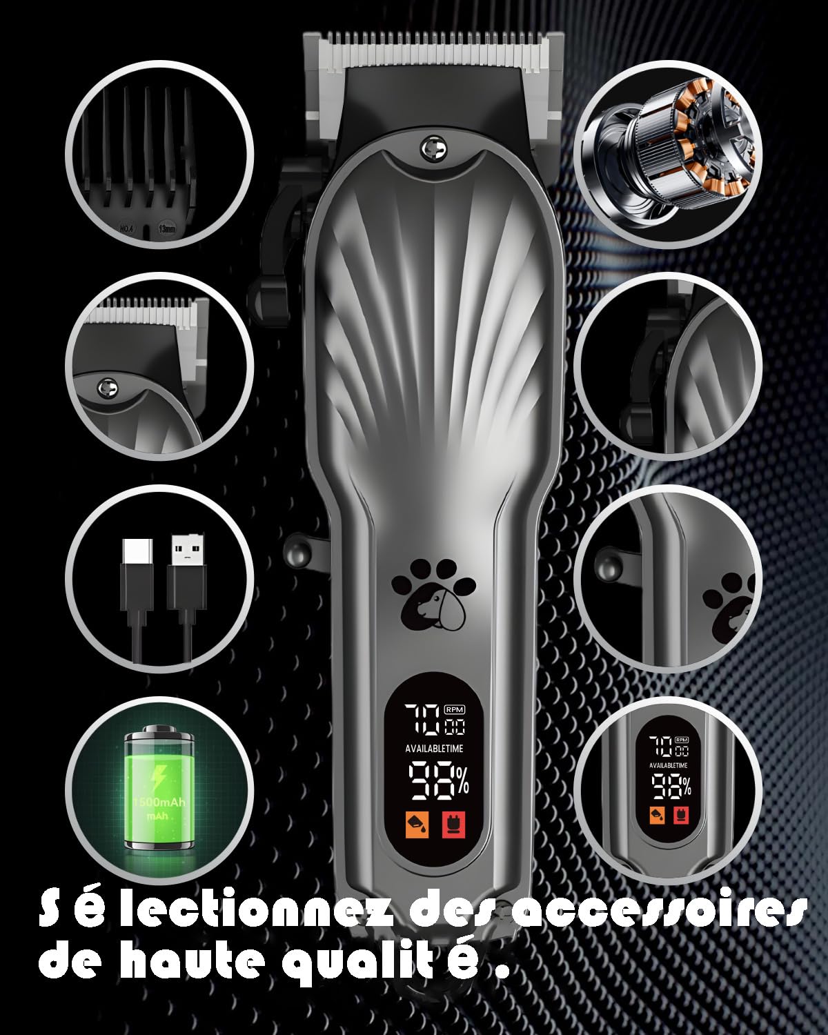 Tondeuse pour chien professionnelle, pour poils longs et épais, tondeuse pour animaux, sans fil, écran LED, tondeuse rechargeable à faible bruit avec kits de toilettage d'ongles