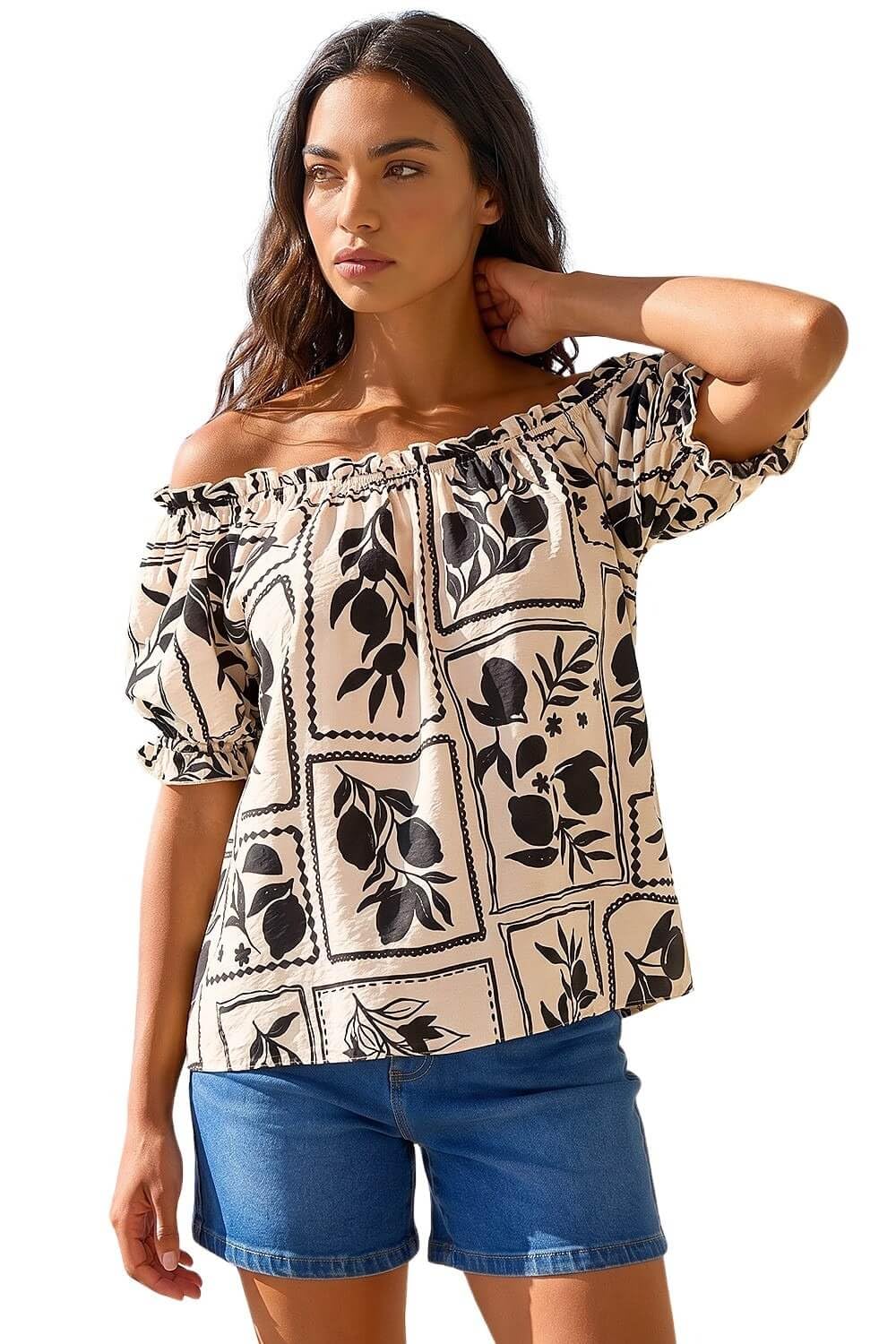 Roman Women's Black Mono Print Bardot Top Size 20