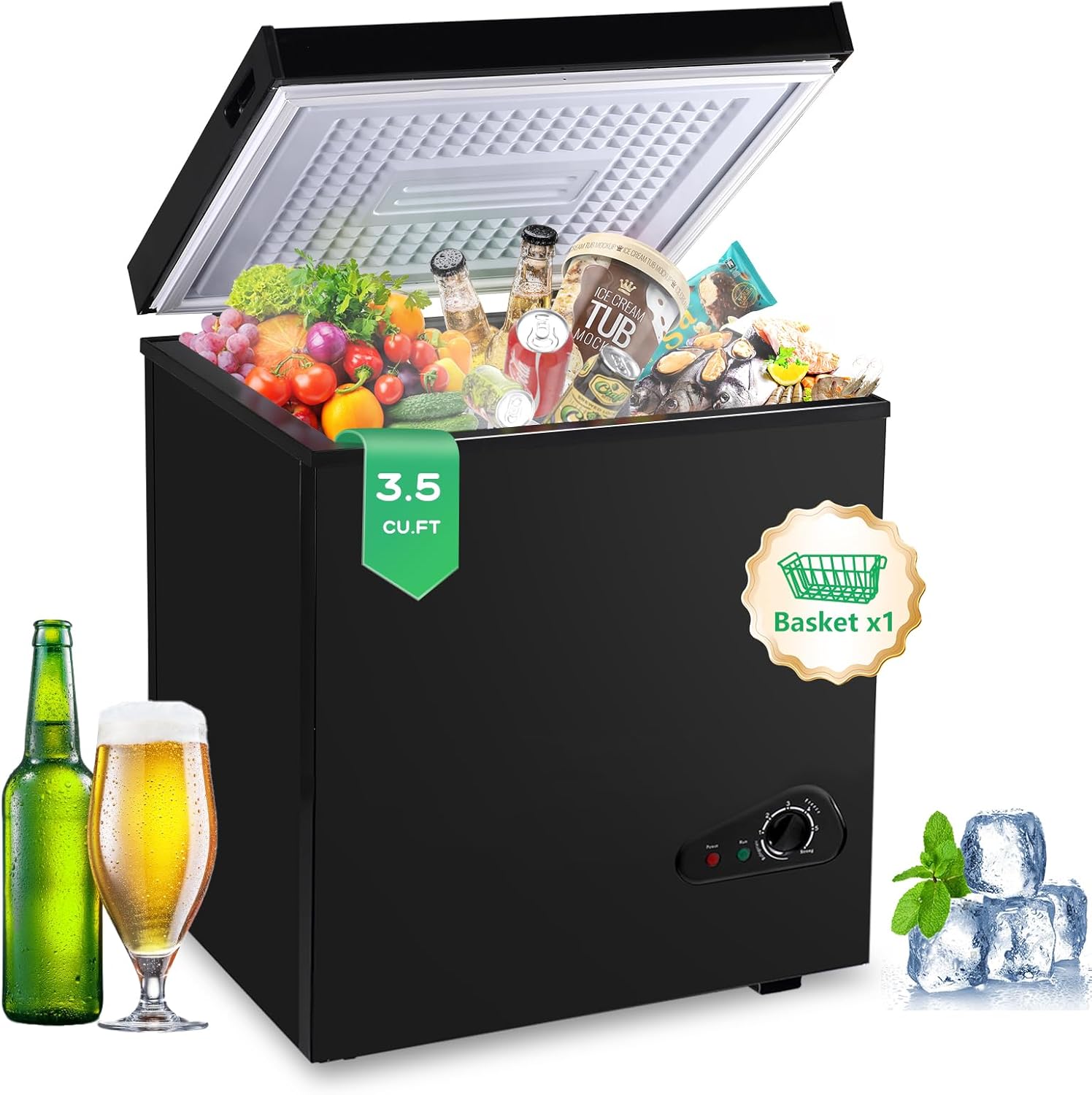 3.5 Cu.Ft Chest Freezer, Small Deep Freezer with a Removable Basket 7 Gears Adjustable Temperature Control(-18F to -46F) for Kitchen, House, Office, Garage, Basement, Shop, RVs-Black