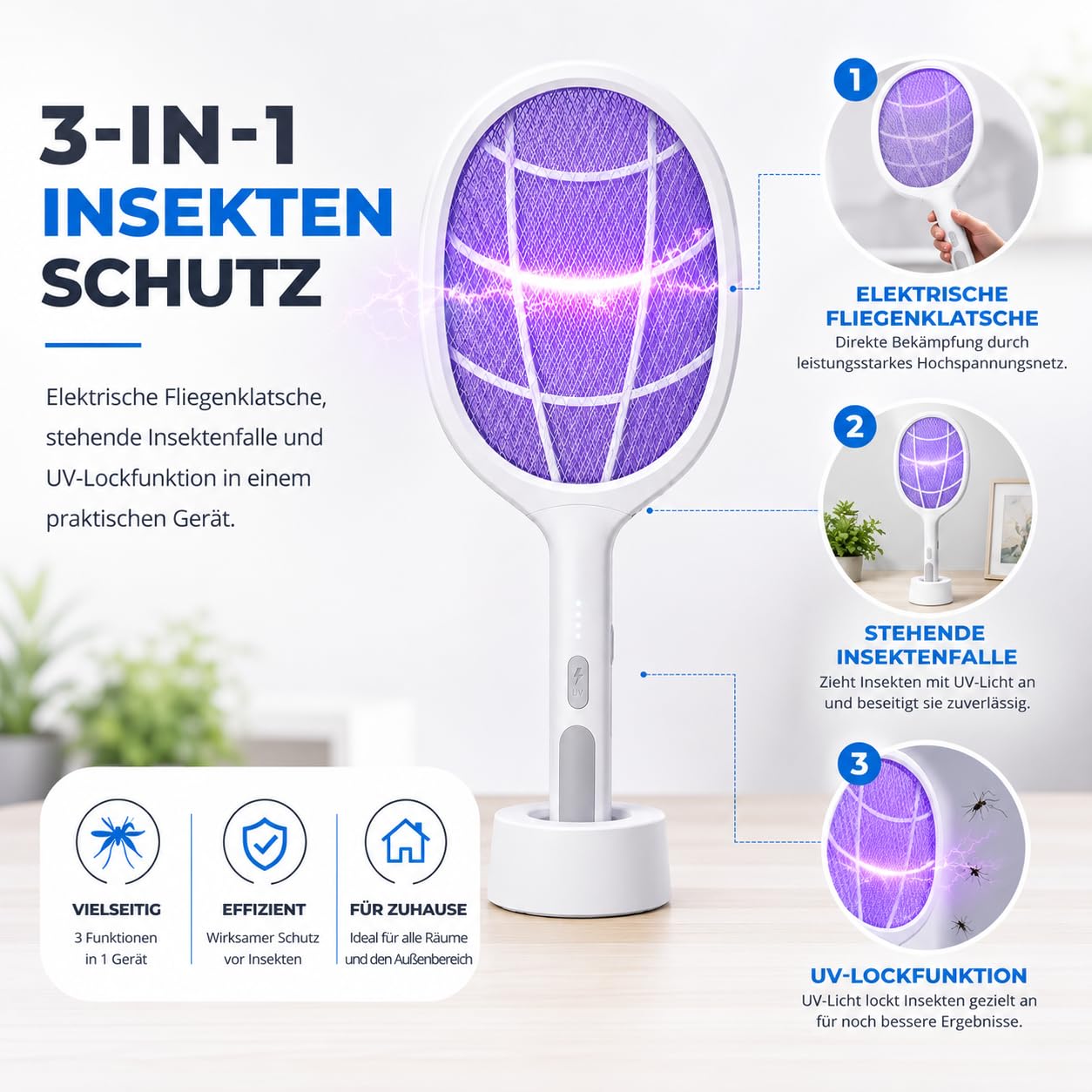 Elektrische Fliegenklatsche – Effektiver Insekten- & Mückenfänger für Fliegen, Mücken, Insekten - mit USB C Ladestecker & Halterung Wiederaufladbar (XXL Fliegenklatsche 45 cm weiß mit Ständer - USB C)