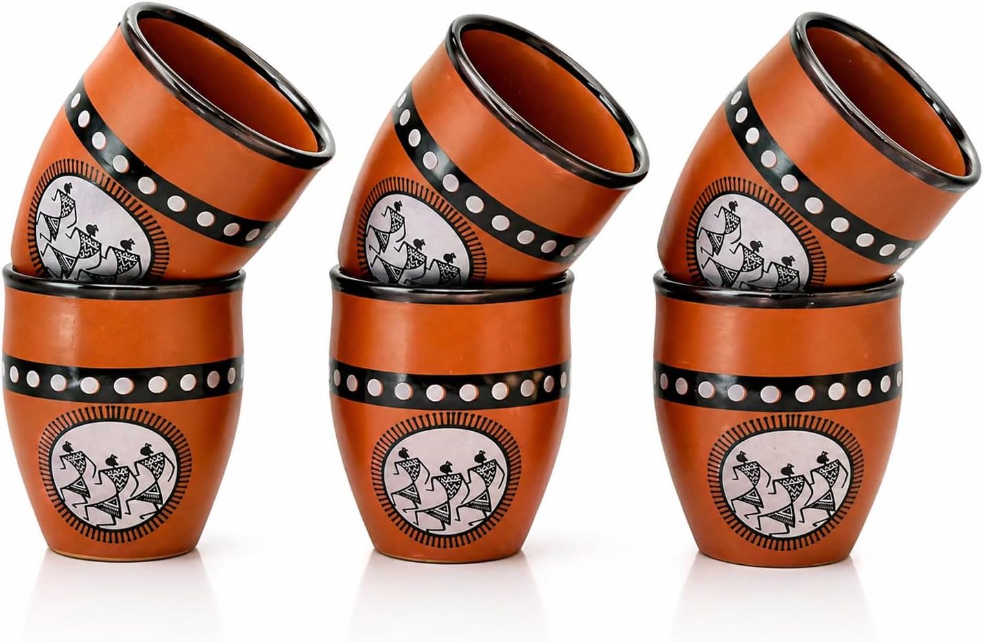 Handmade Traditional Kulhar Kulhad Chai Tea Coffee Mug Cup Cantaritos Set of 6 Glazed Earthenware Glossy Finish Clay Terracotta Artisanal Studio Pottery Mud Brown Food Safe Natural Rustic Eco-Friendly