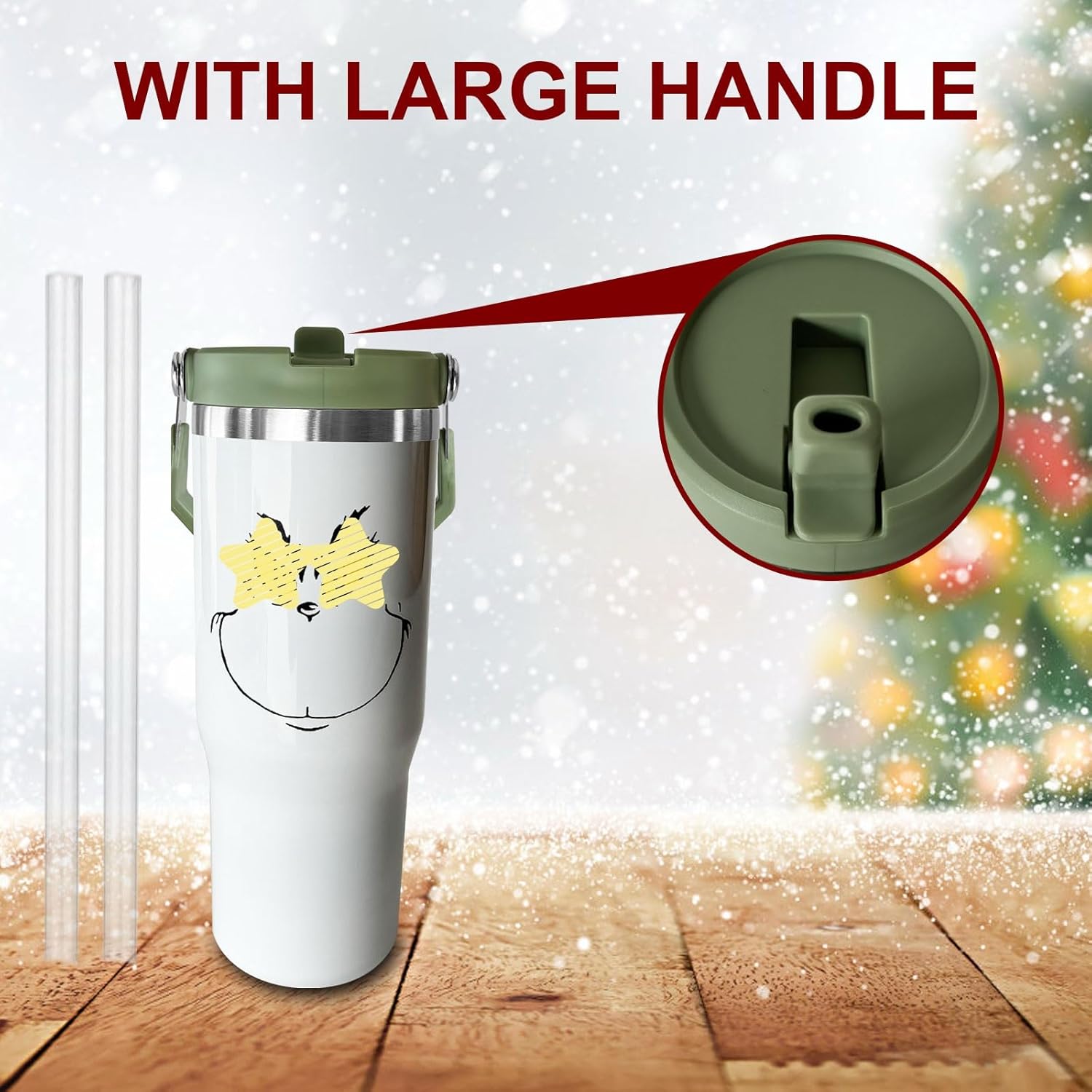 30 oz Christmas Tumbler with Handle and 2 Straw, 100% Leak Proof 304 Stainless Steel Tumbler, Christmas Gift 30oz Tumblers (17) - Image 4