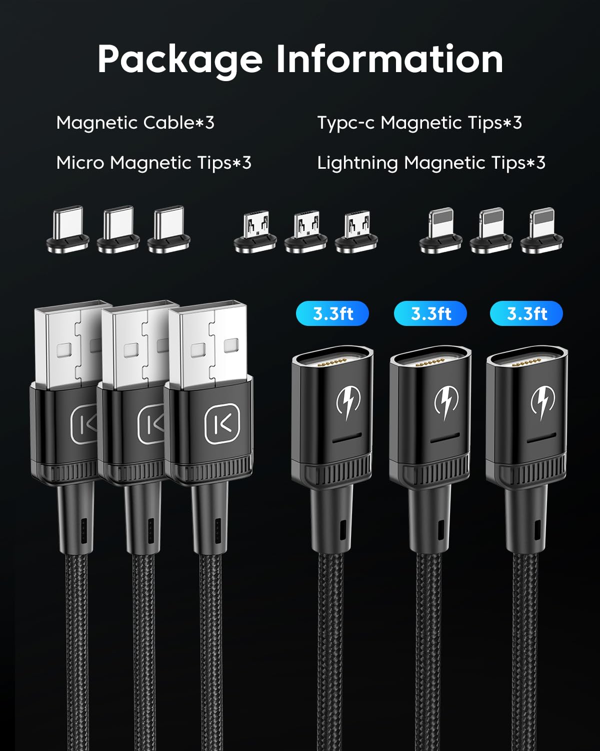 Kuulaa 3Pack Magnetic Charging Cable Magnetic Lightning Cable Magnetic Phone Charger 3A Fast Charging with 3 in 1 Charging Tips Nylon-Braided Phone Cable Compatible for iProduct/Type C/Micro Device