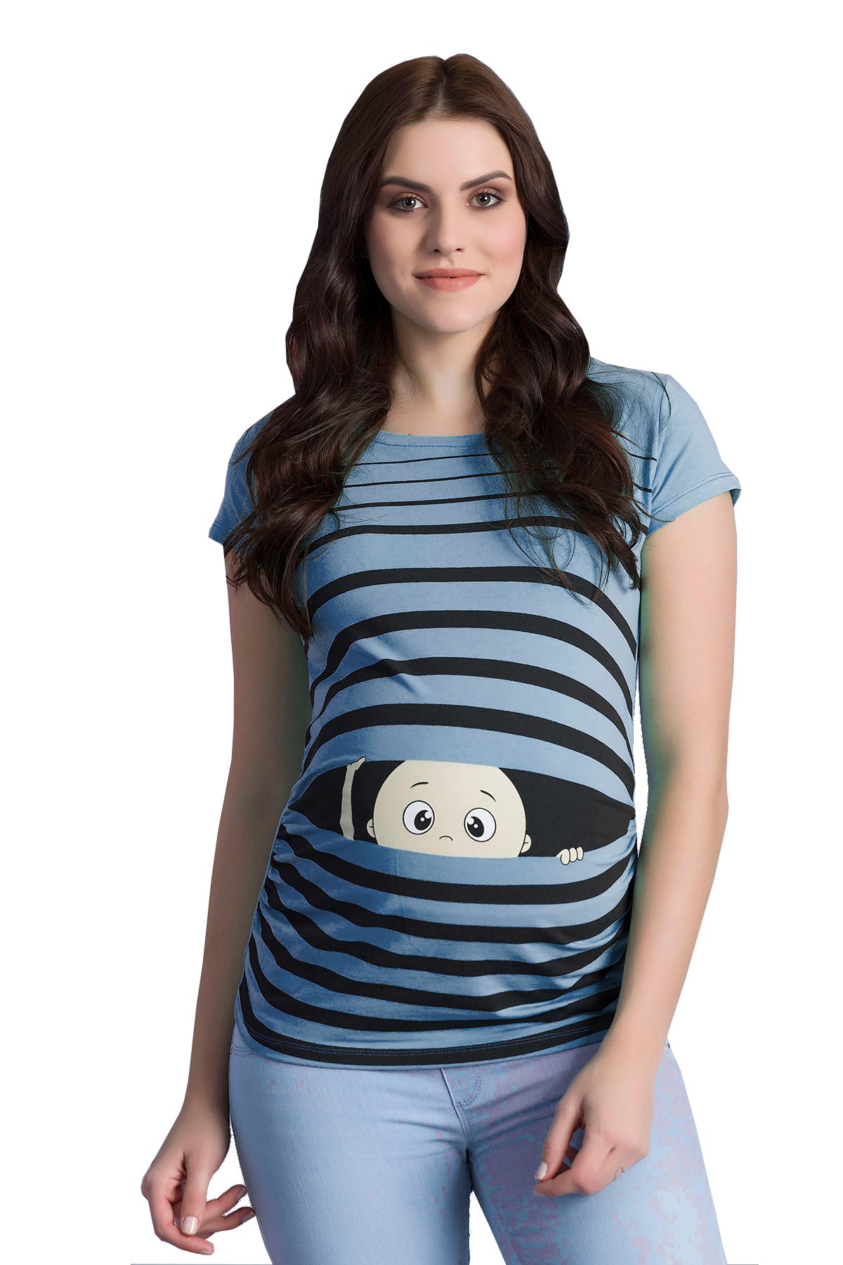 M.M.C. Vêtement de maternité Mignon et Rigolo avec de Motifs de bébé Qui Regarde Humour Haut Femme, à Manches Courtes