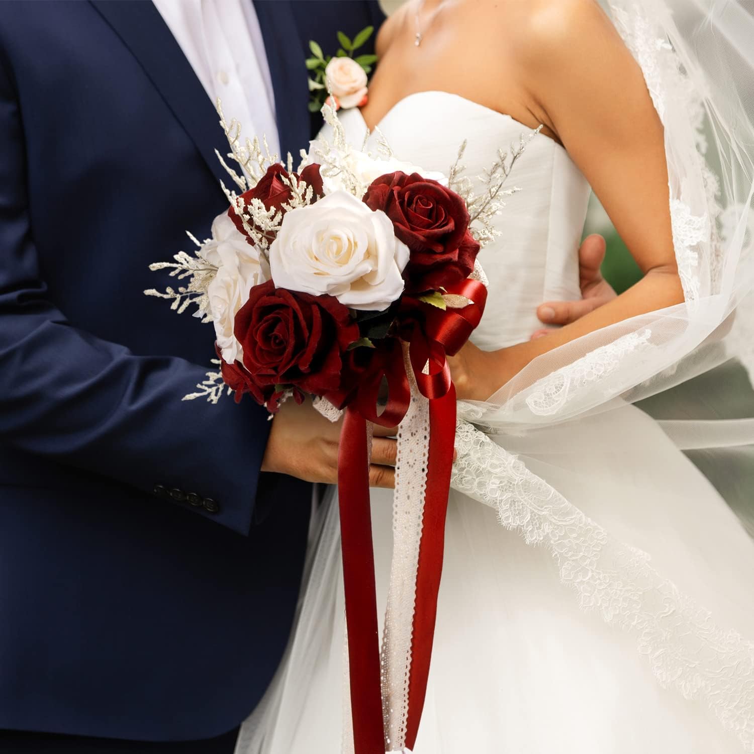 Wedding Bouquets for Bride, Champagne White & Burgundy Bridal Bridesmaid Wedding Flowers, Artificial Toss Rose for Civil Ceremony (Hollow Lace Ribbon Handle) - Image 3