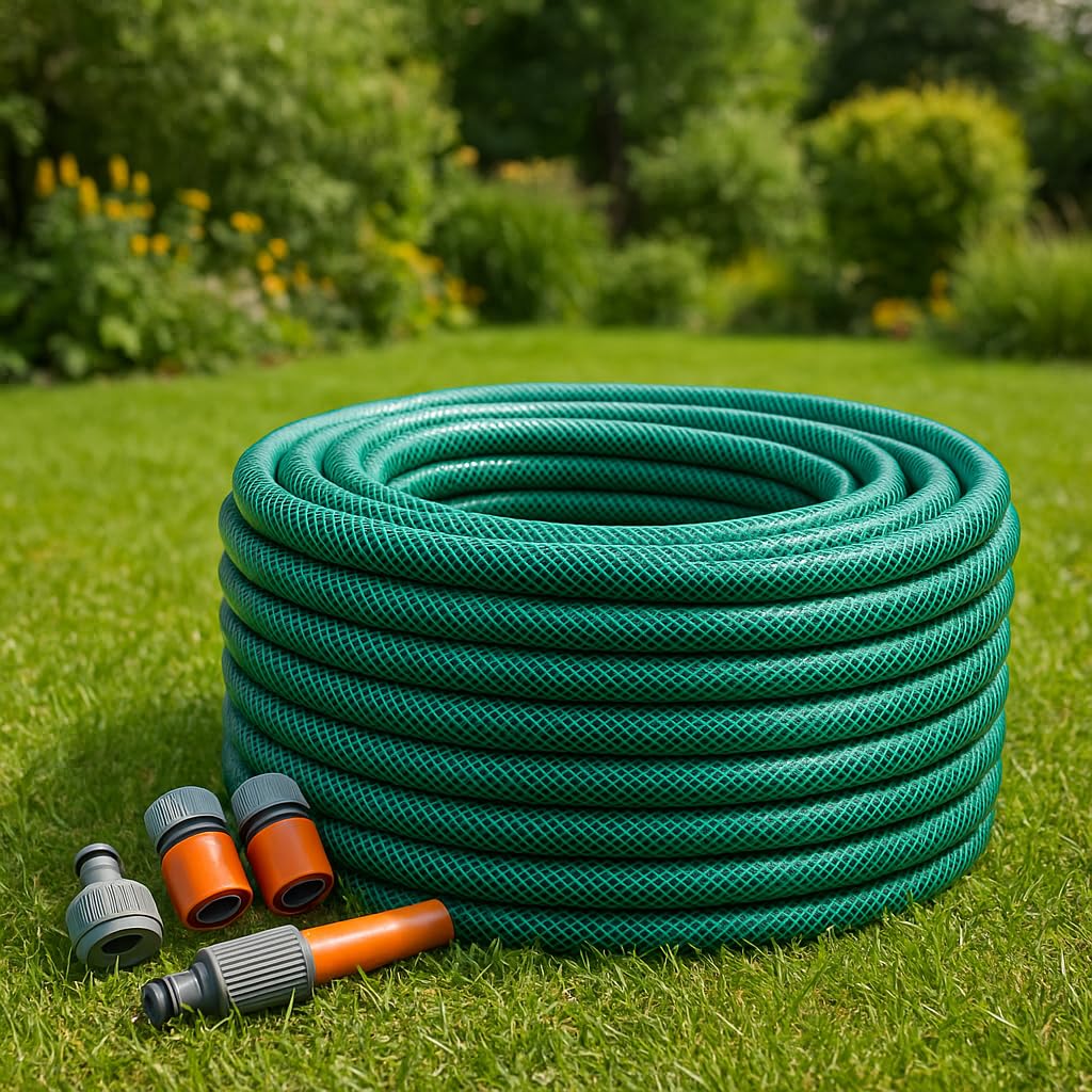 Heavy-Duty PVC Garden Hose Pipe with Spray Nozzle & Universal Fittings โ Available in 15m, 20m, 30m, and 50m Lengths โ Durable, Weatherproof, Anti-Twist Watering Hose for All Seasons (15 Metres)