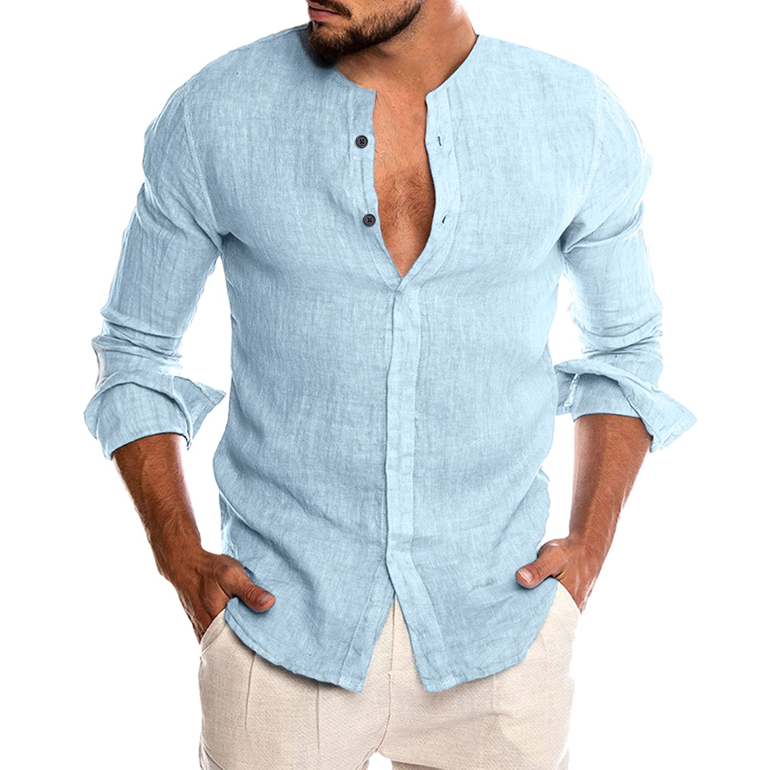 COOFANDYMen's Cotton Linen Shirt Long Sleeve Button Down Casual Beach Shirt