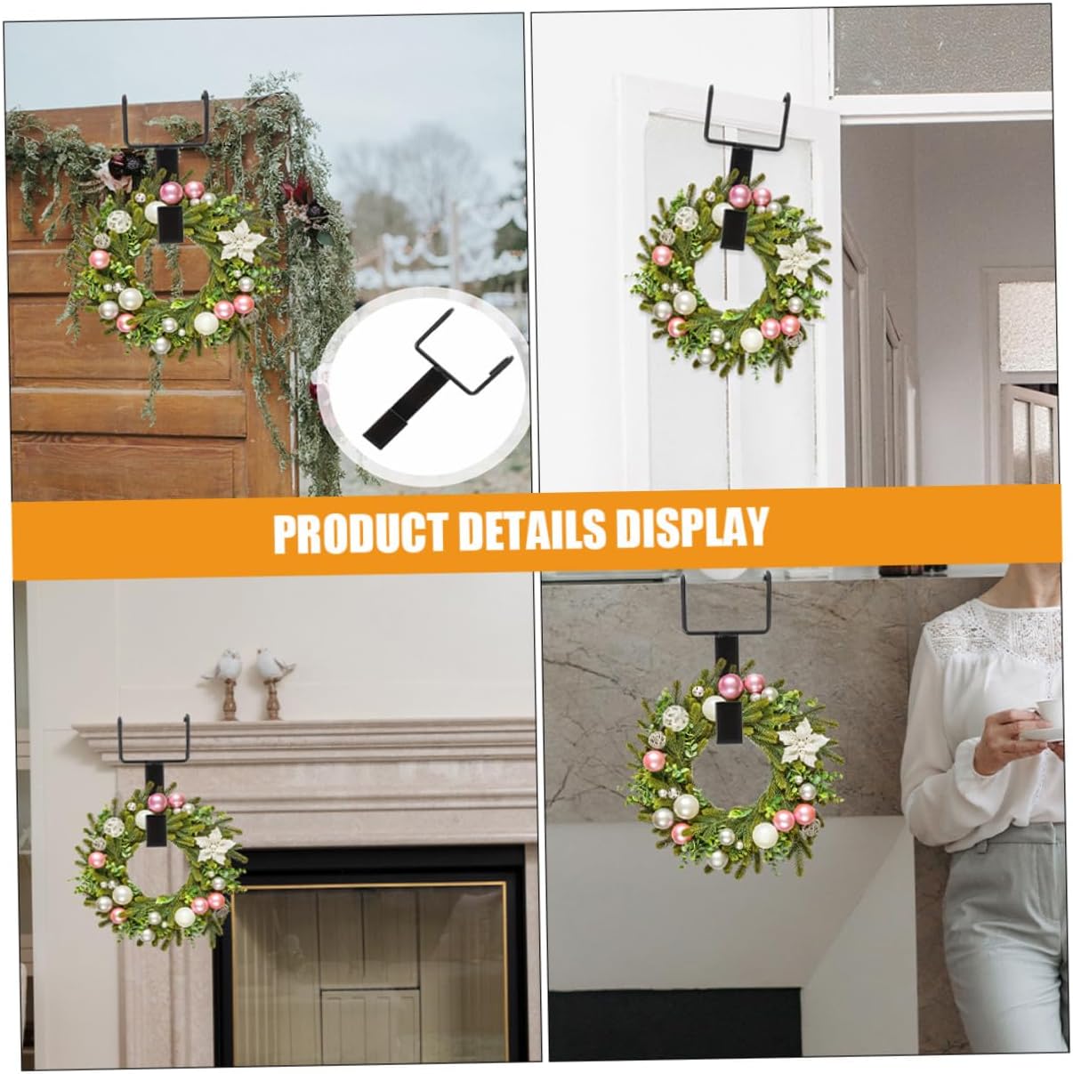 4pcs Black Metal Christmas Wreath Hanger Hooks Over Door Heavy Duty Door Hanger for Front Exterior Garland Holder for Holiday Decorations