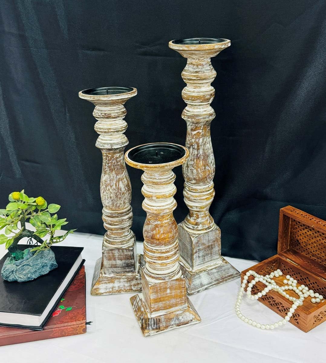 Rustic White Pillar Candle Holders Set of 3, Decorative Candlestick Candle Holders Stand, Decorations Home Décor Gifts for Bedroom Livingroom Wedding 18 x 15 x 12 Inch
