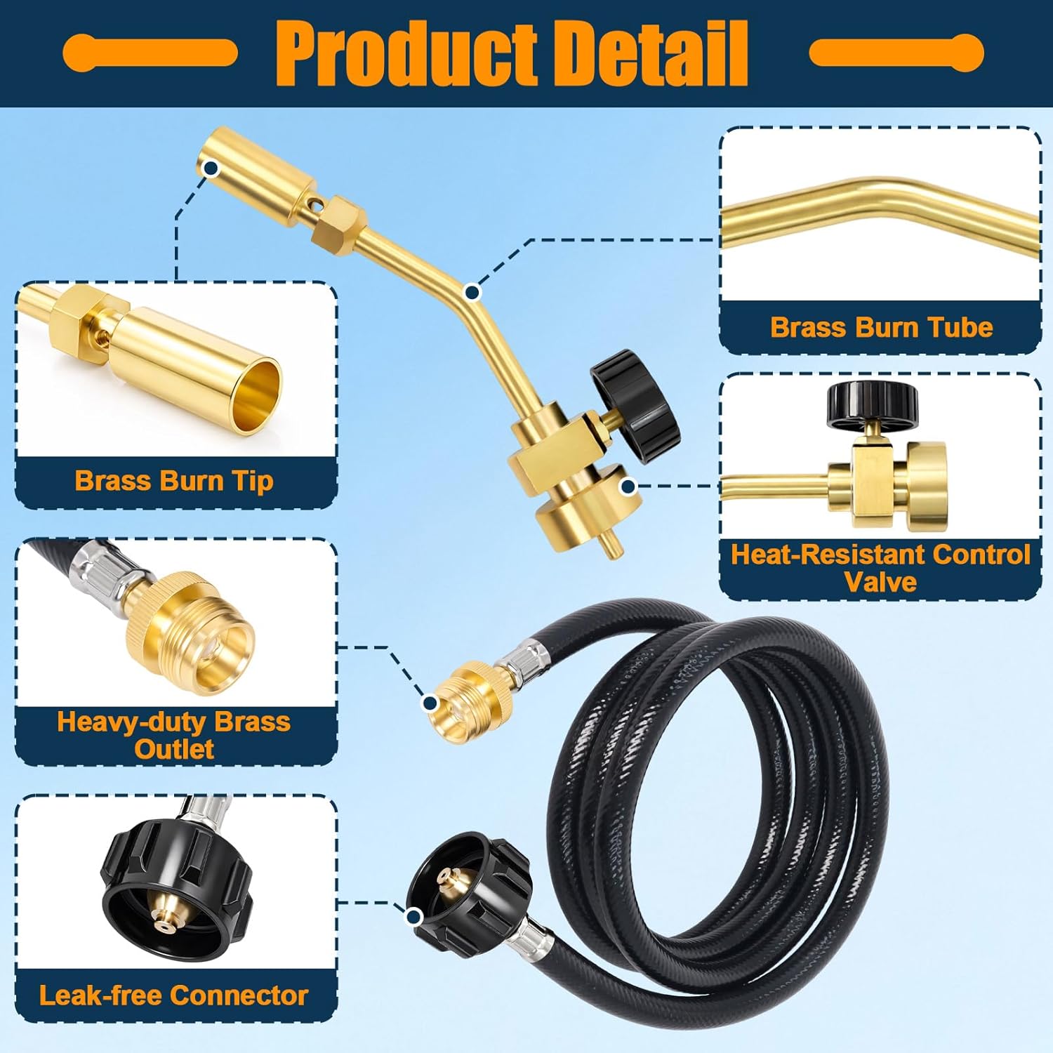 Brass Propane Torch Head with Propane Tank Adapter Hose, Micro Propane Torch Kit with 1 lb to 20 lb Propane Hose Adapter for Heating, Welding, Thawing and Outdoor Applications