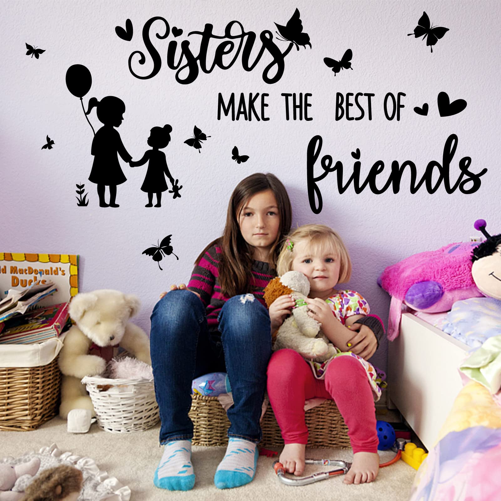 SUPERDANT Black and White Wall Decals Sisters Make the Best of Friends Wall Stickers with Butterfly Balloon Wall Decor Vinyl Wall Decoration for Nursery Girls Bedroom Living Room 39cmx75cm - Image 3