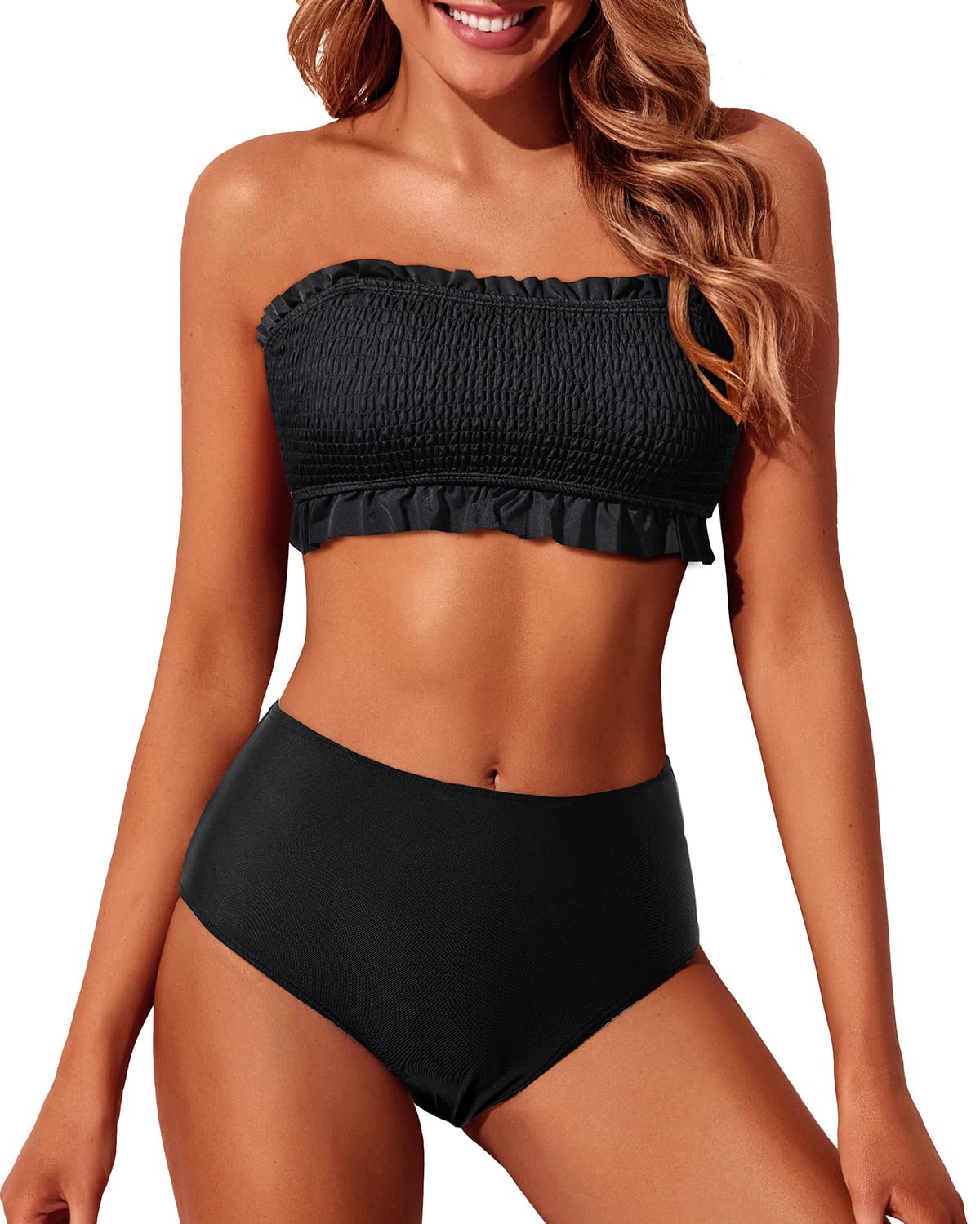 Tempt Me Black Women Two Piece Bandeau Bikini Smocked High Waisted Swimsuit Cute Bathing Suit with Bottoms L