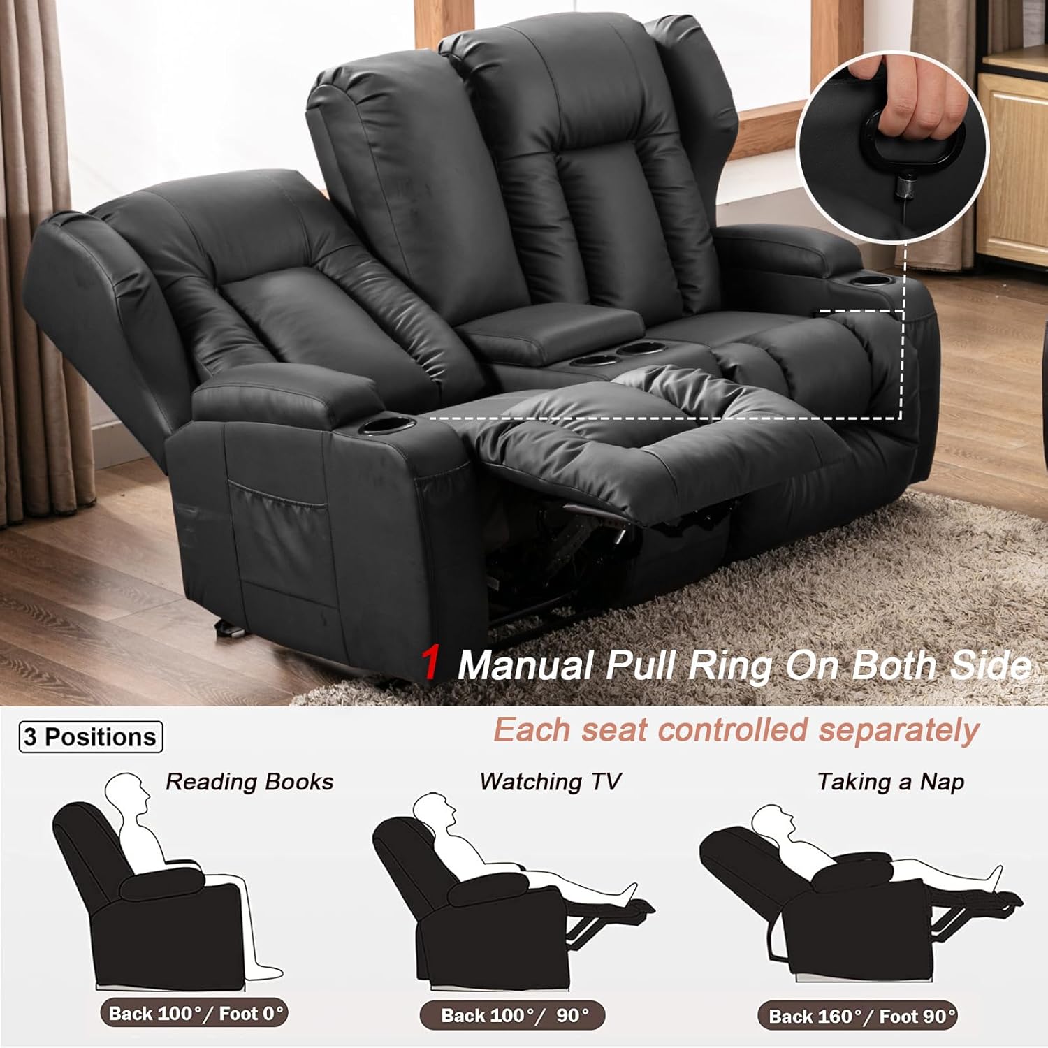 IPKIG 65.3" RV Loveseat Recliner Sofa with Storage Console, Leathaire Fabric Wall Hugger Reclining Chair with Cup Holders and Side Pockets, Home Theater Seating Manual Recliner for Living Room (Black)