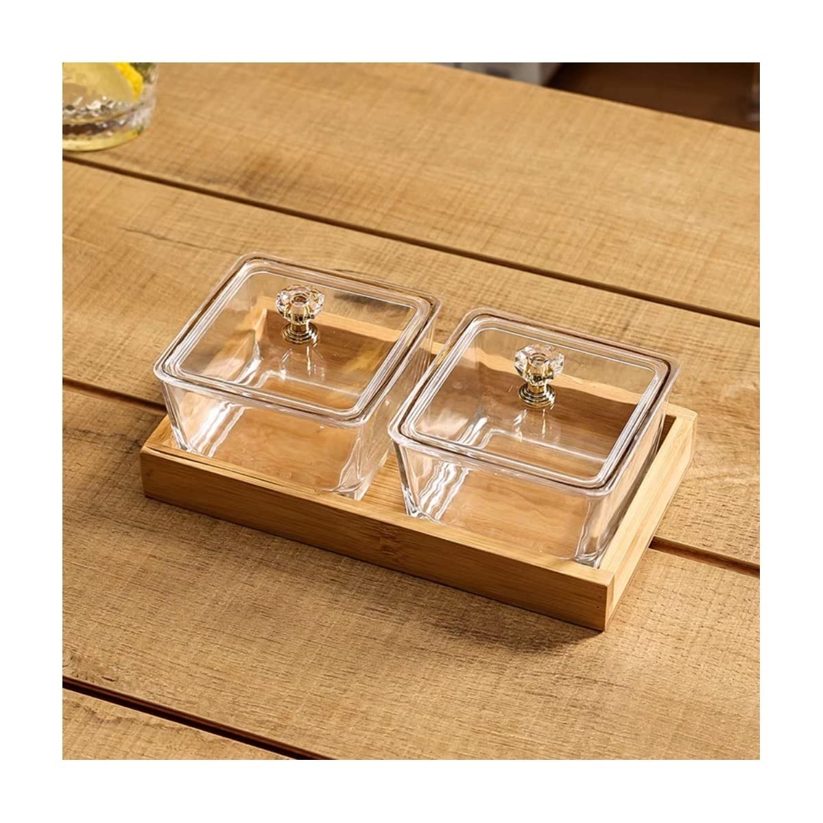 Dipschüsseln, Snackschüsseln, Salatteller, Glas-Snackschüssel mit zwei Fächern und Chassis, quadratischer geteilter Obst-Snack-Essteller for Familienrestaurants