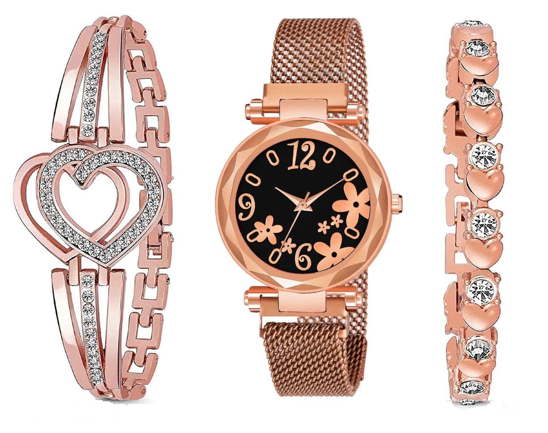 KIARVI GALLERY Casual Black Flower Dial Magnet Strap Analog Watch for Girls or Women and Present Gift 2 Bracelet Combo for Girls and Women(Rose Gold, Combo of 3) (B0BRG16438) Amazon Price History, Amazon Price Tracker