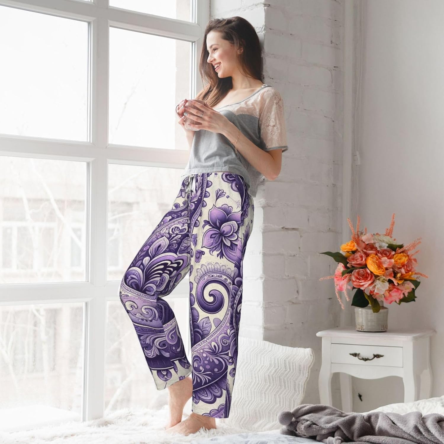 Women'S Bohemian-Paisley-Pattern Fleece Pajama Pants, Cozy Flannel Lounge Bottoms For Women