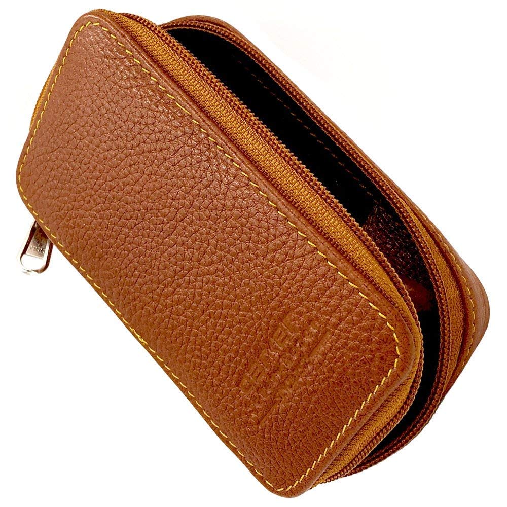 Parker Saddle‑Brown Leather Double Edge Safety Razor Case with Blade Compartment – Zip Travel Pouch