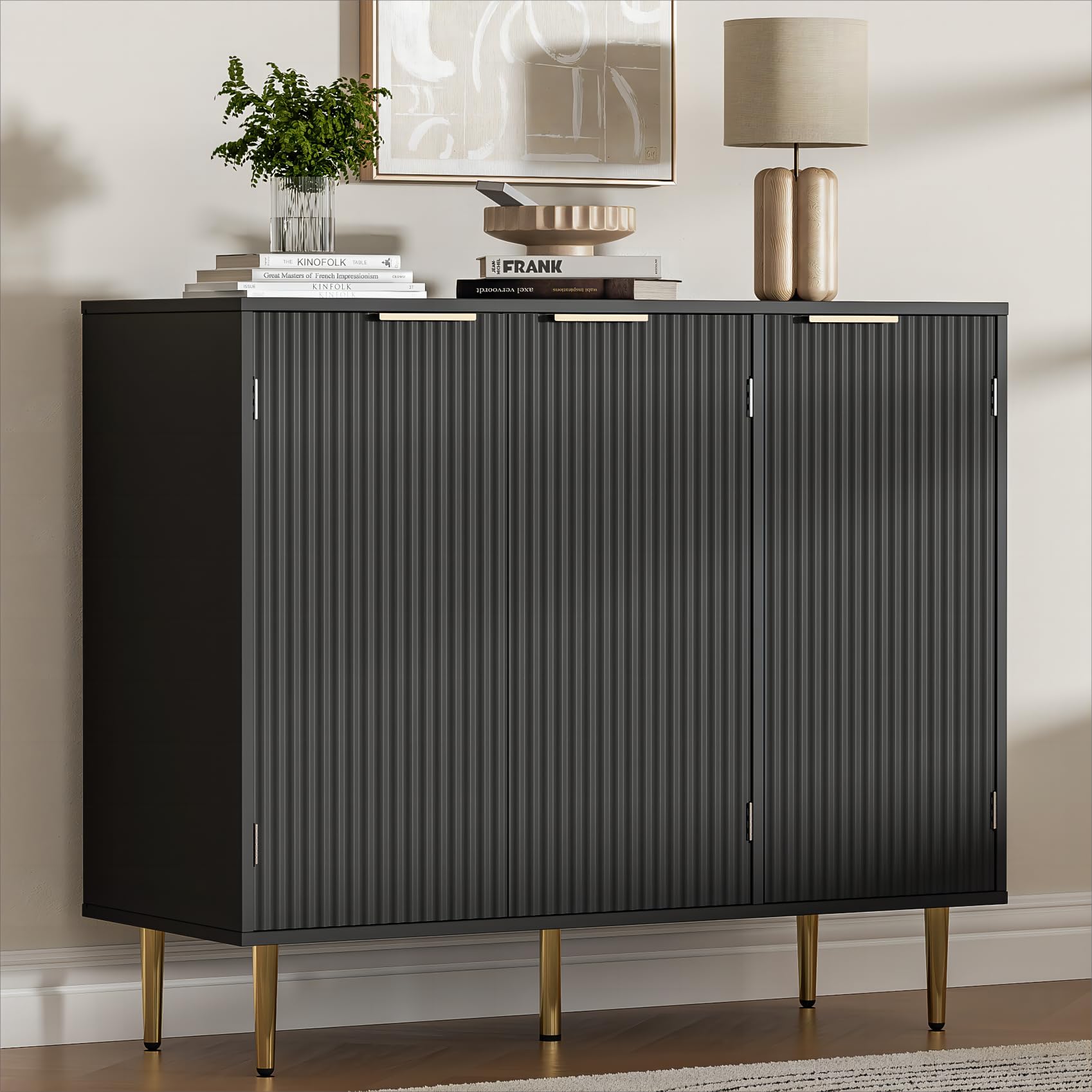 Fluted Sideboard Buffet with 3 Doors, Modern Accent Cabinet with Adjustable Shelves, Kitchen Storage Cabinet with Golden Handles, Coffee Bar for Kitchen, Living Room, Black