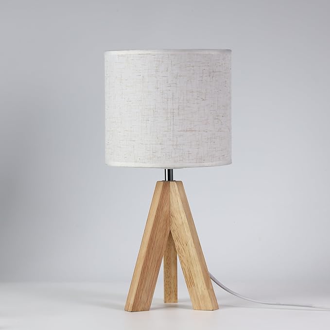 YSJUENAII Modern Small Tripod Table Lamp with Wooden Base, White Fabric Shade, Bedside Desk Light (Beige) photo 2