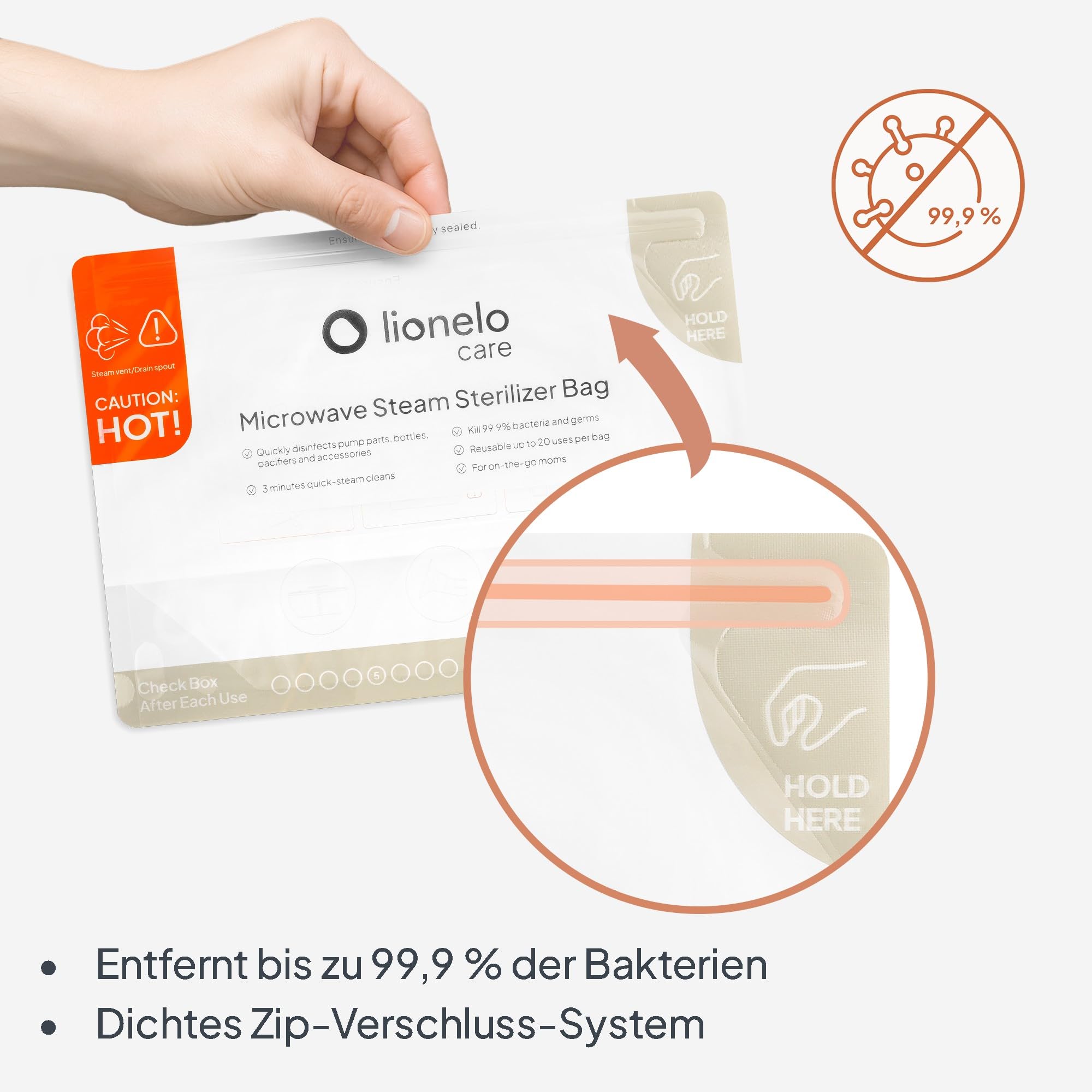 LIONELO ThermBag 8er-Pack Mikrowellen-Sterilisationsbeutel – Wiederverwendbar, BPA-frei – Für Babyflaschen, Schnuller, Milchpumpen – 90 Sek. Schnellsterilisation, Ideal auf Reisen