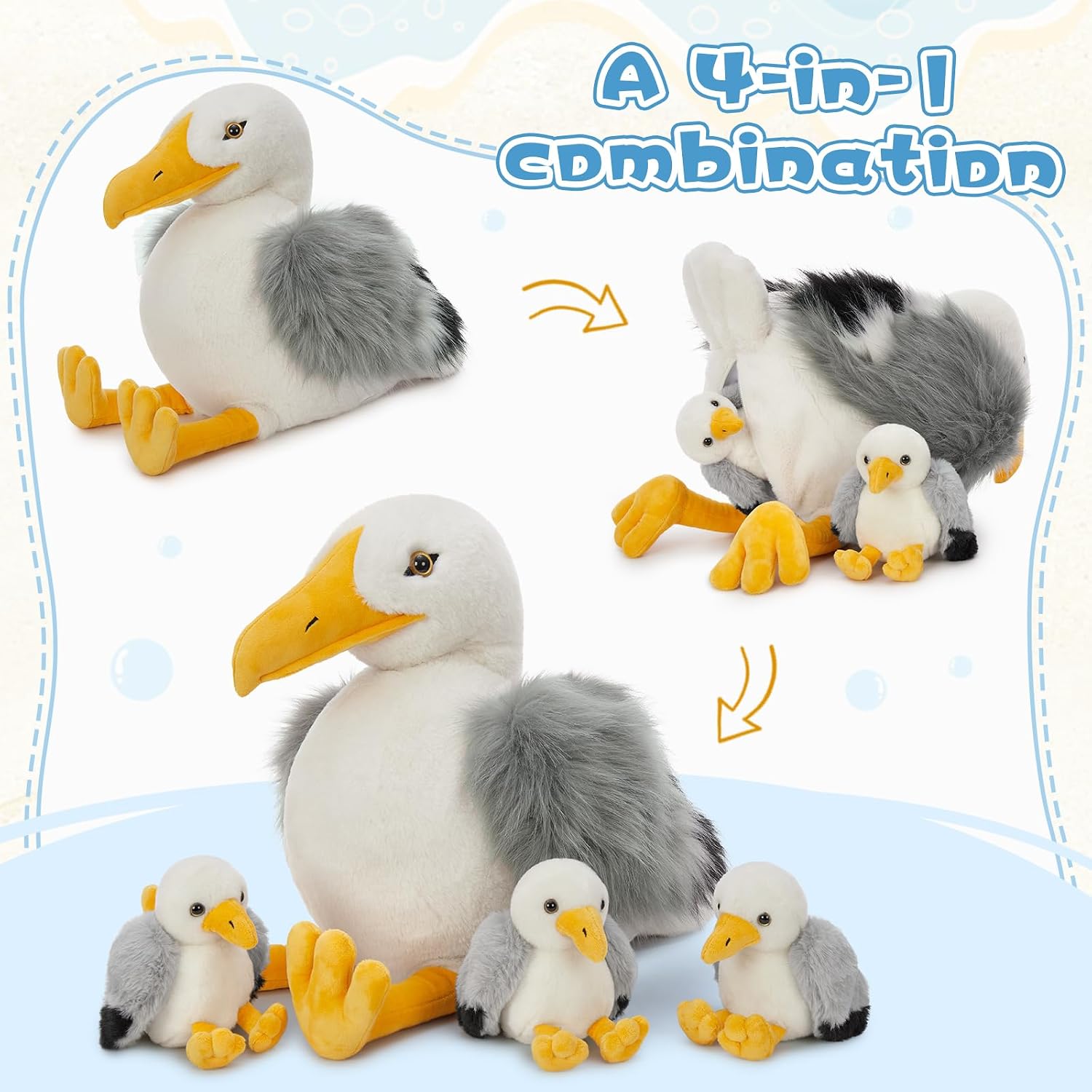 MaoGoLan 4Pcs Seagull Stuffed Animal with Babies Inside,17.7" Mama Seagull Plush with Three Adorable Baby Plushies for Small Hand,Beach Plush Lover Gift for Kids,Boys,Girls