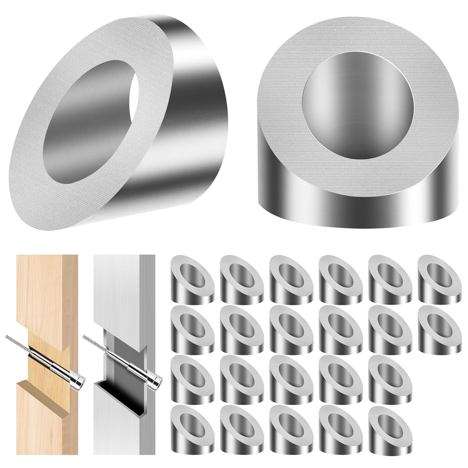 22Pack Beveled Angle Washers 25/64", 33° Handrail Angle Washer Max for 5/16" Cable Railing Hardware Kit, Marine Grade SST316 Quality for Stair Deck Metal Wood Aluminum End Posts