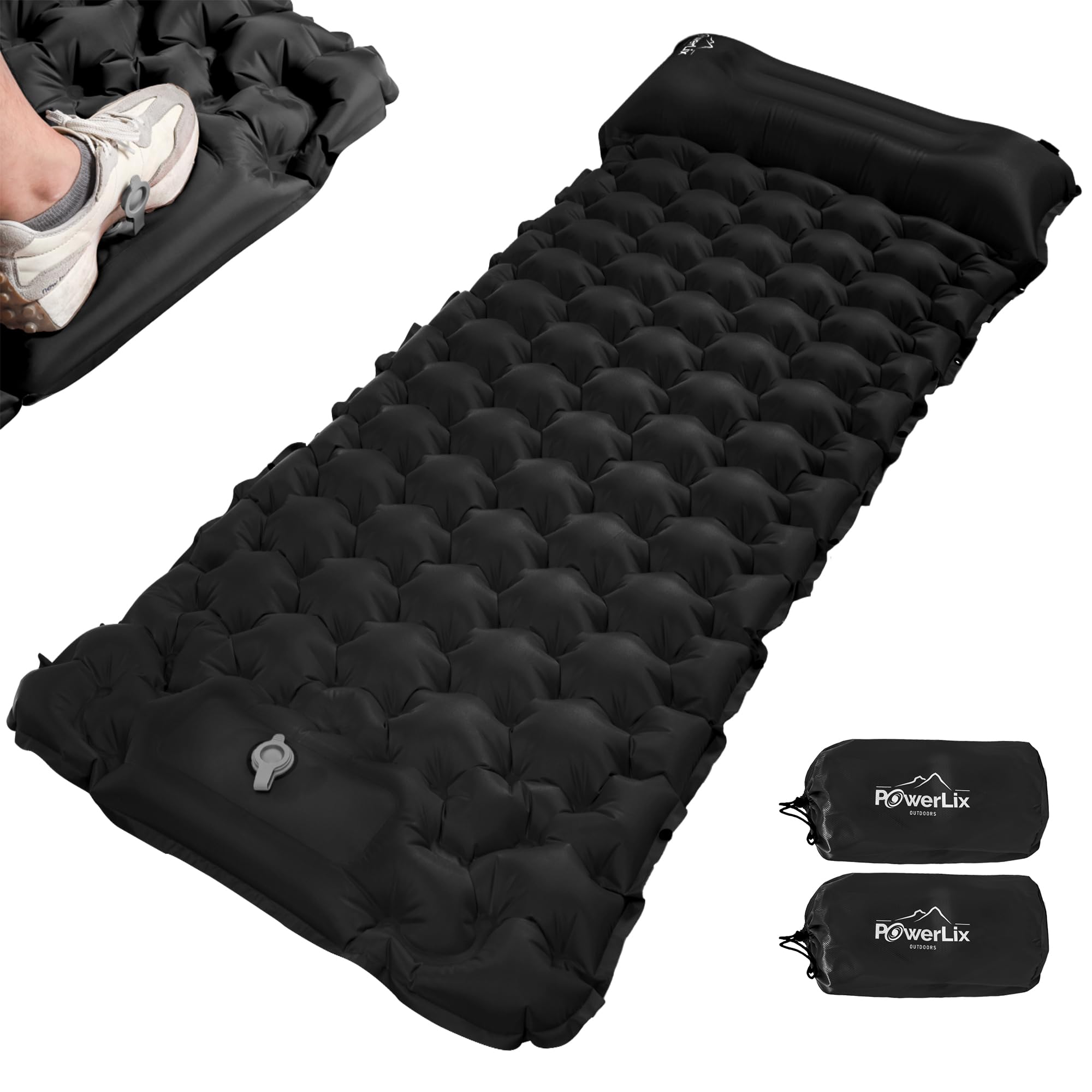 POWERLIX Camping Sleeping Pad 2 Pack, Foot Pump Sleeping Pad for Camping with Built in Pillow, Inflatable Camping Mat, Lightweight Compact Air