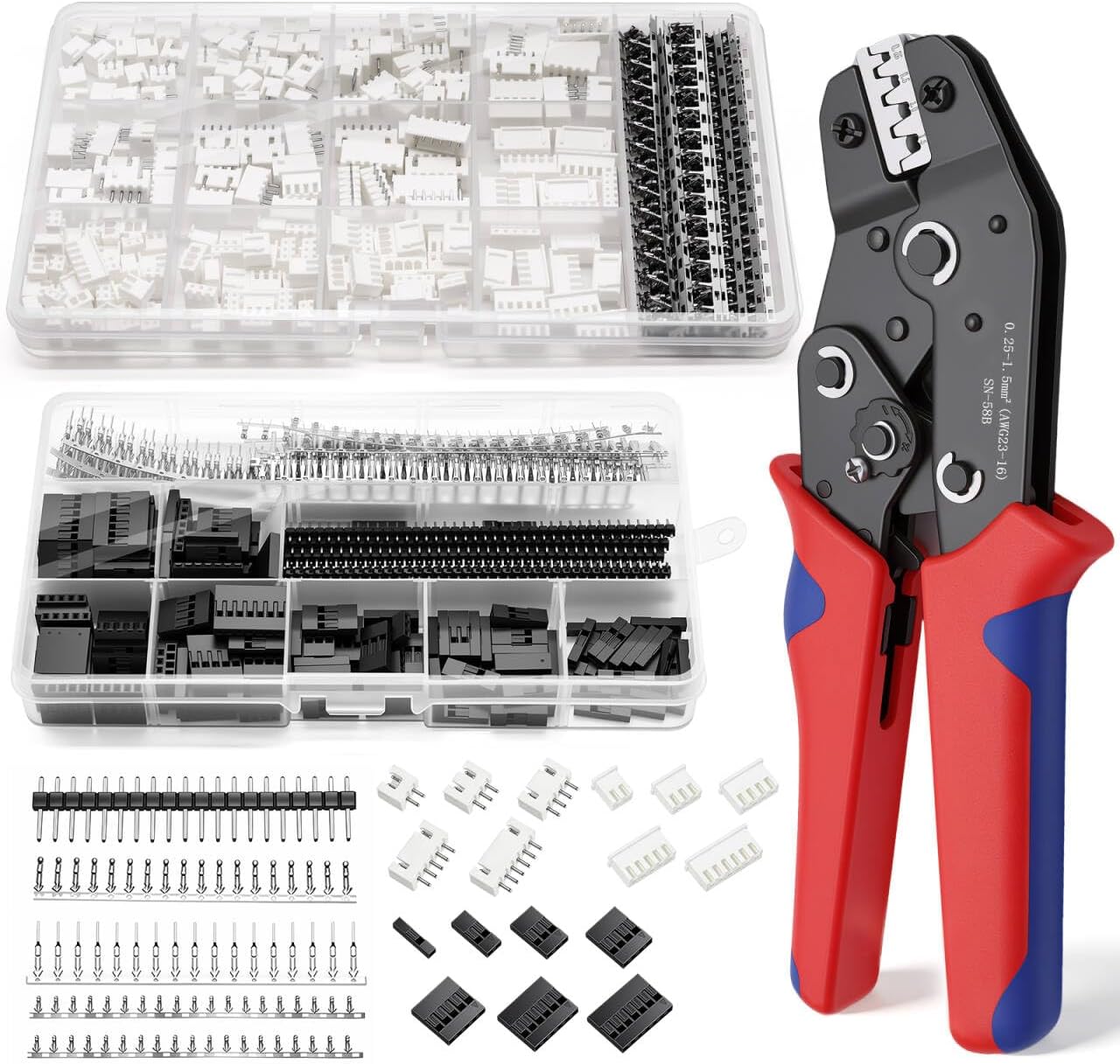 600PCS Du pont Connectors Kit and 560PCS JST Connectors Kit with SN-58B Ratcheting Wire Crimper Plier 0.08-0.5mm²(AWG 28-20) for Ratcheting Wire Crimping