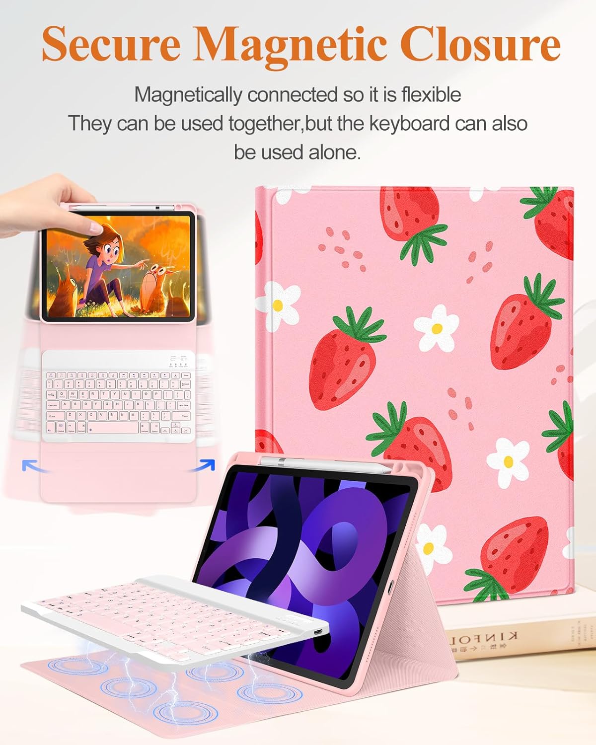 Uppuppy for iPad Air 11 inch Case 2024 - Air 5th/4th Generation 10.9, Pro 11 Case with Keyboard Pencil Holder Tablet Cover Folio Women Cute Girls Kawaii Strawberry for iPad Air 11 2024 (M2), Pro 11