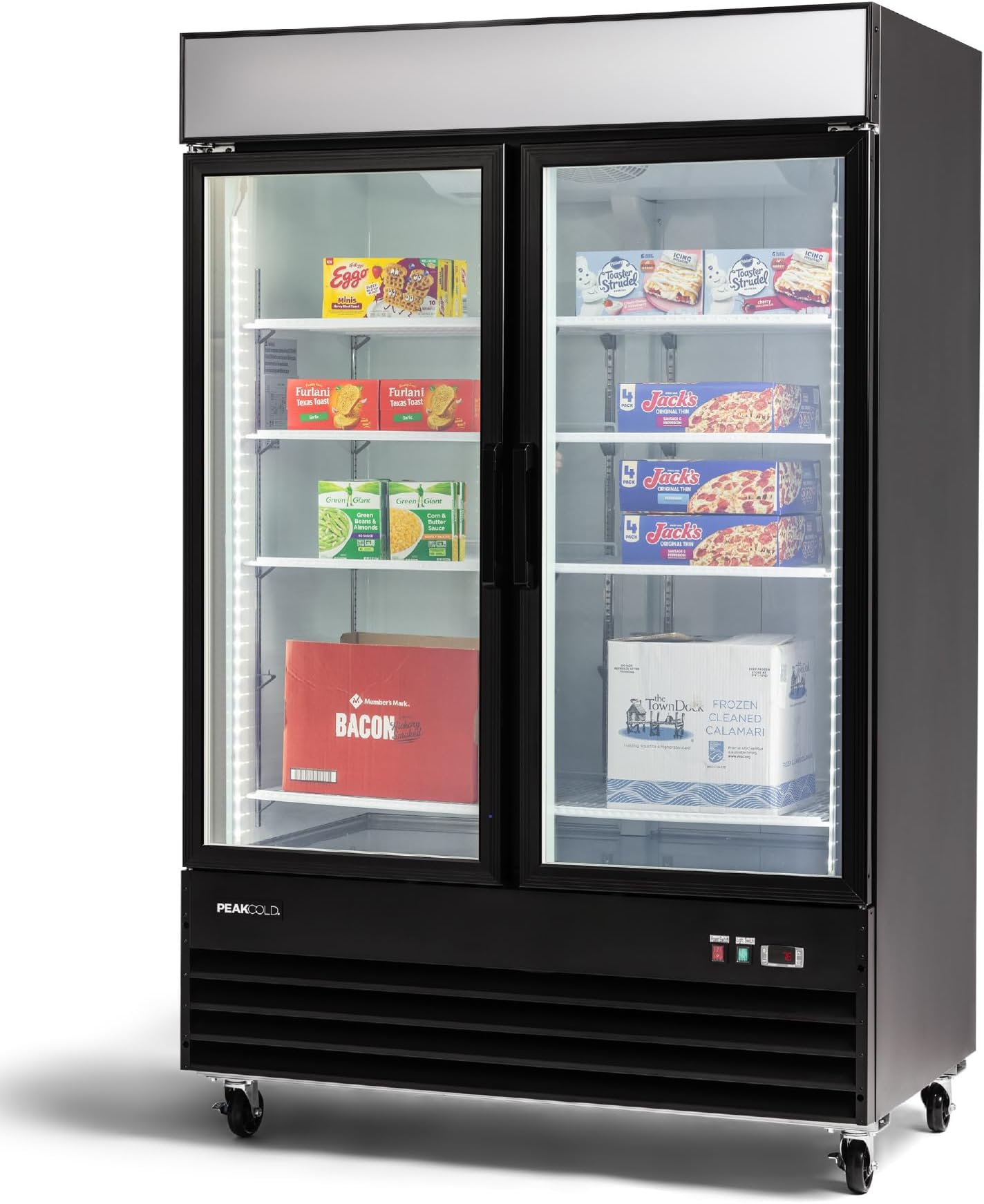 PeakCold 2-Door Upright Display Freezer - 45 Cubic Ft, 53.1" Wide, Double-Paned & Heated Glass Door Freezer with Auto-Defrost, LED Lighting & Customizable Lightbox - Commercial Merchandiser