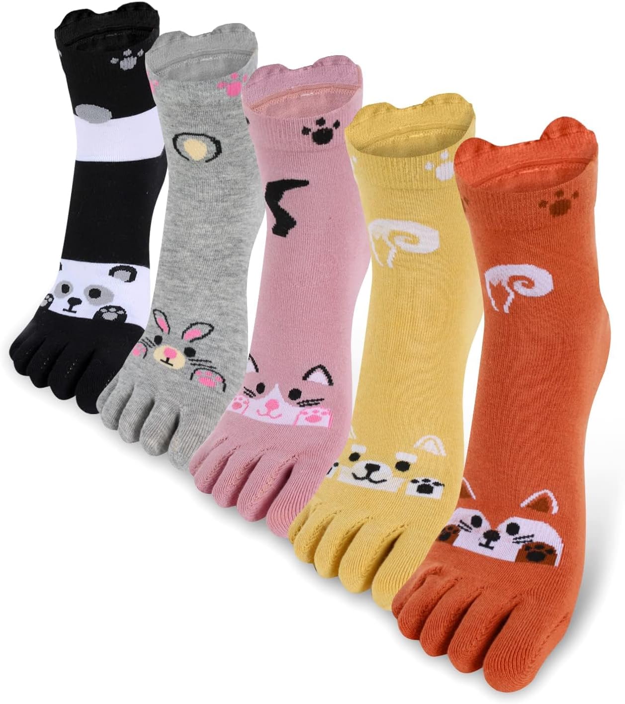 – 5 Pairs Girls Toe Socks Five Fingers Cotton Socks Animal Cute Colorful Ankle Socks Athletic Running Socks Toe Seperated Socks Womens