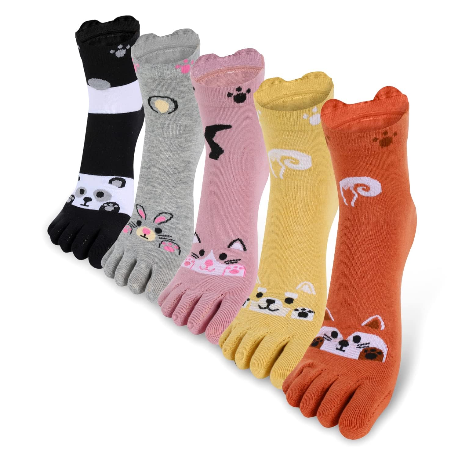 5 Pairs Girls Toe Socks Five Fingers Cotton Socks Animal Cute Colorful Ankle Socks Athletic Running Socks Toe Seperated Socks Womens