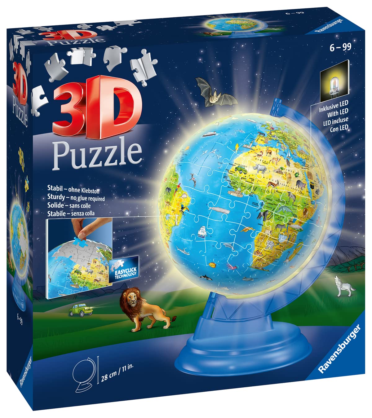 Ravensburger - Puzzle didattico con palline 3D, globo terrestre illuminato, a partire dai 6 anni, 180 pezzi numerati da assemblare senza colla - Supporto rotante e luminoso incluso - 11289